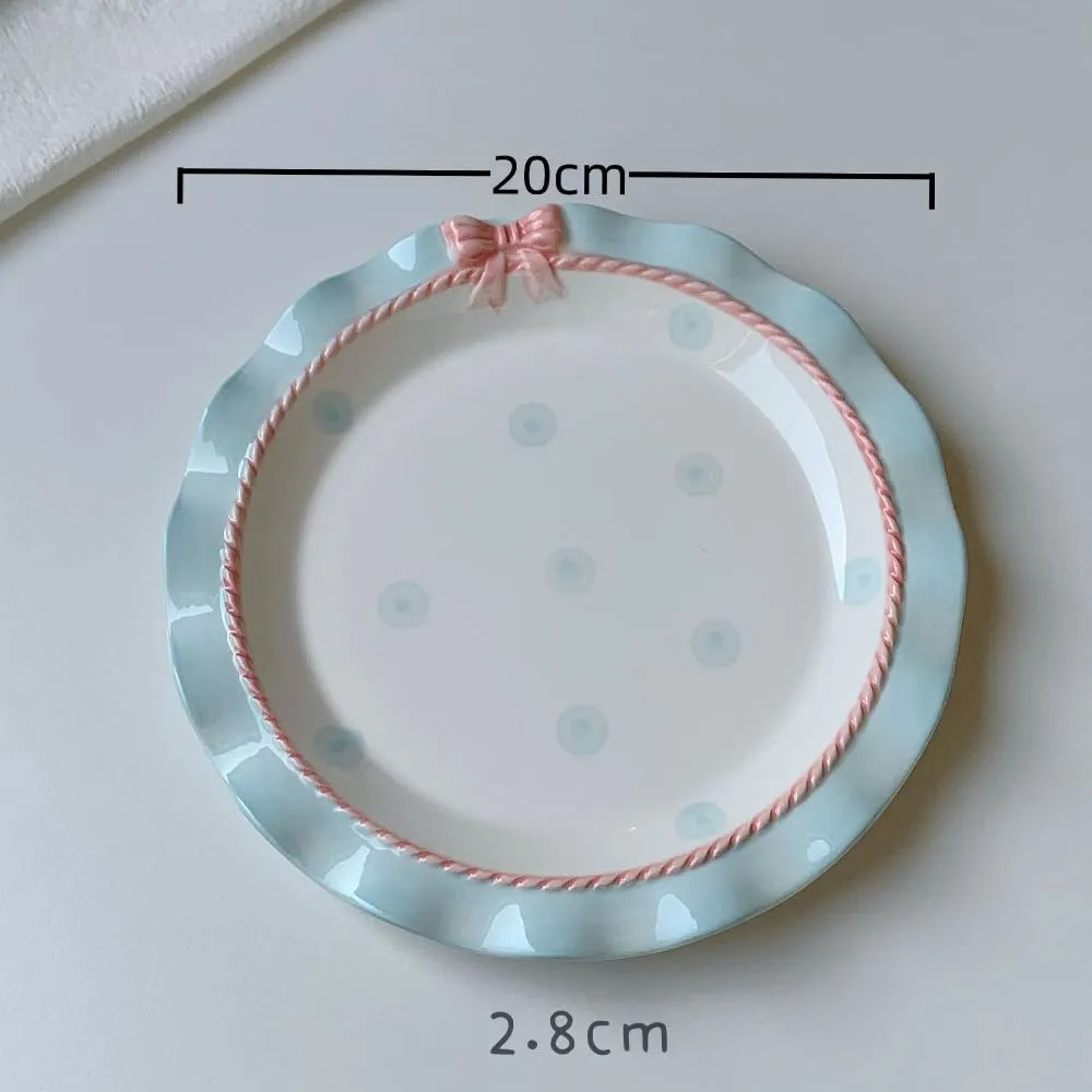 Underglaze Color Polka Dot Bowl Cute Bow Round Afternoon Tea Tableware Yogurt (Blue 8-inch shallow plate)