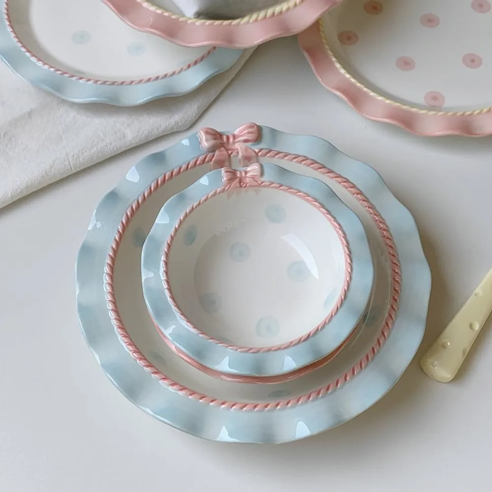 Underglaze Color Polka Dot Bowl Cute Bow Round Afternoon Tea Tableware Yogurt (Blue 8-inch shallow plate)