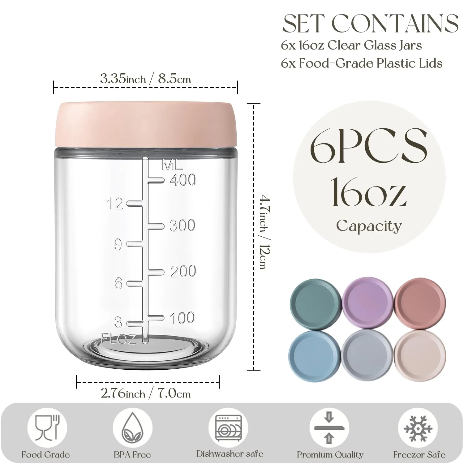 KEMORELA 6-Pack 16oz Overnight Oats Containers with Lids, Wide Mouth Glass Mason Jars with Airtight Lids, Reusable Glass Food Storage Containers for Yogurt, Chia Pudding, Salad, and Pickles
