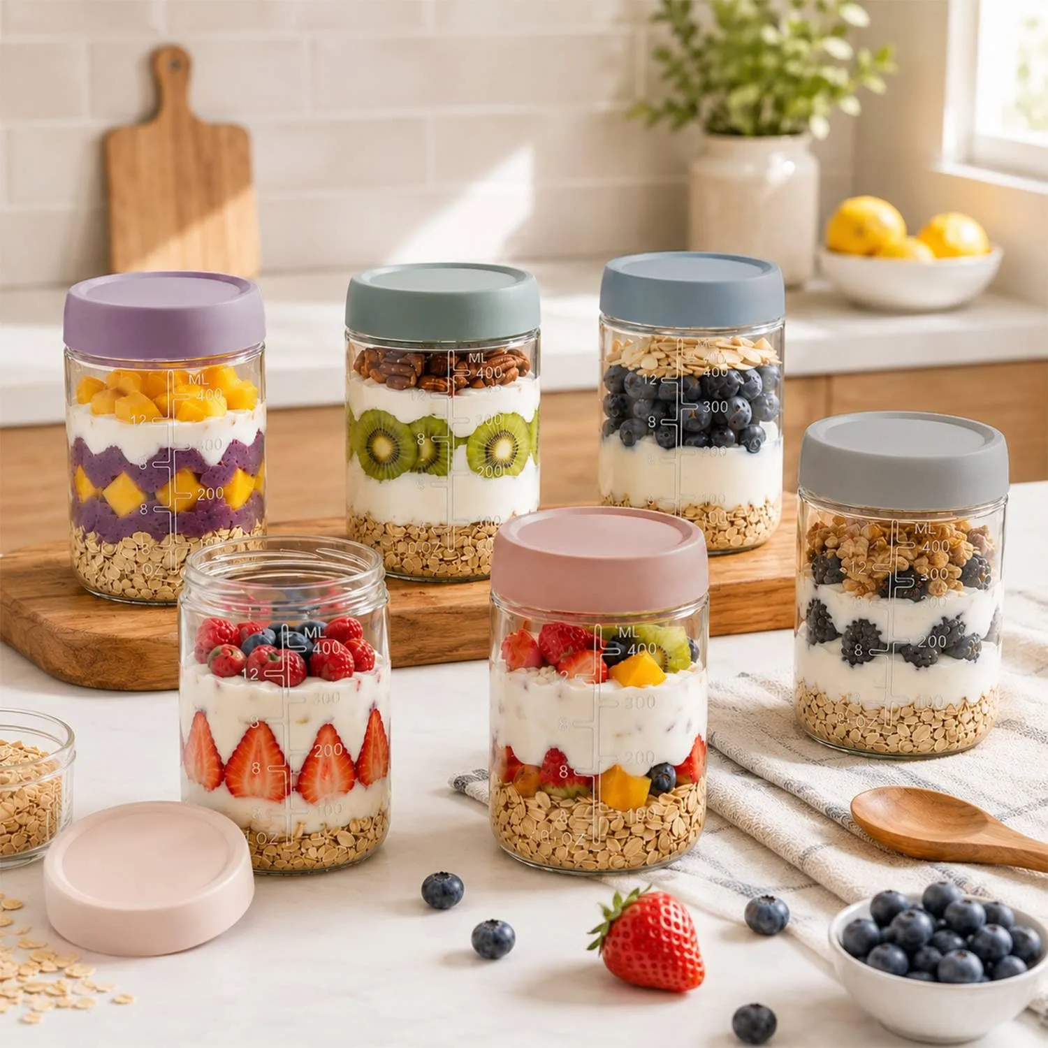 KEMORELA 6-Pack 16oz Overnight Oats Containers with Lids, Wide Mouth Glass Mason Jars with Airtight Lids, Reusable Glass Food Storage Containers for Yogurt, Chia Pudding, Salad, and Pickles