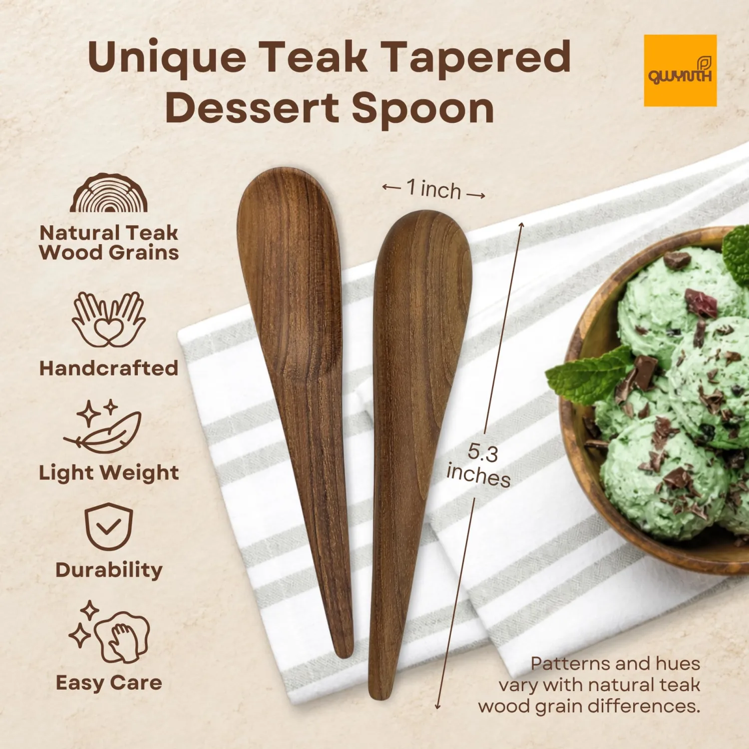 Small Wooden Spoon, 5.3 Inch Handmade Teak Wood Dessert Spoon for Ice Cream, Gelato, Yogurt, Honey, Jam, Tea, Coffee, Spices, Condiments & Gourmet Tasting
