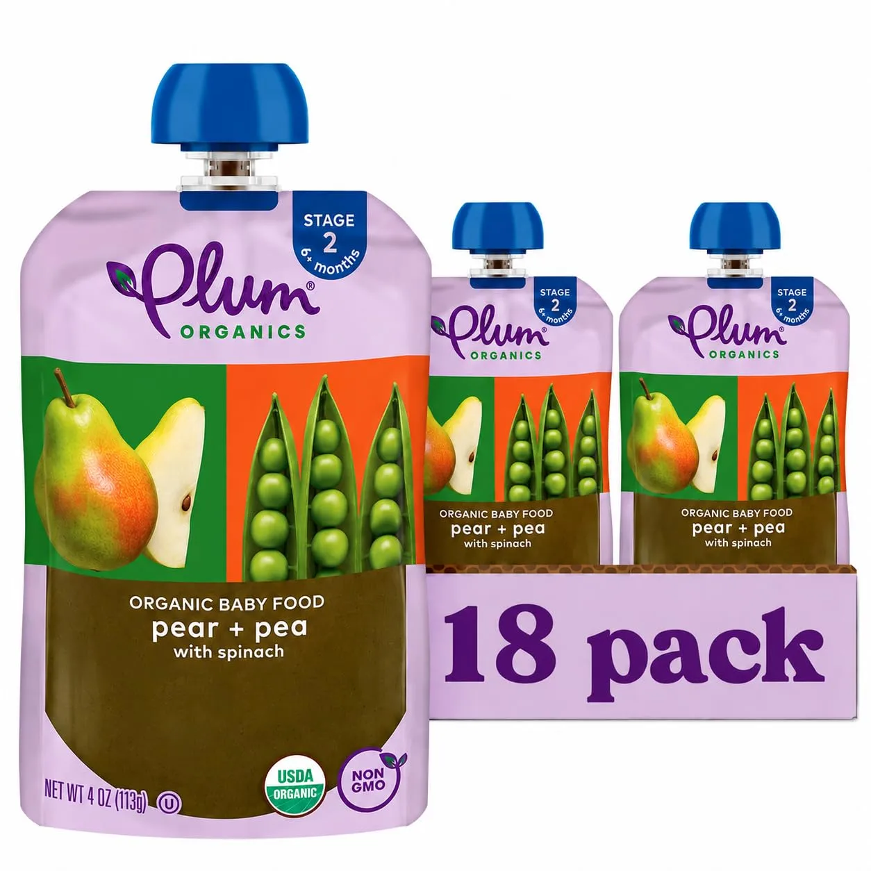 Plum Organics Stage 2 Organic Baby Food - Pear + Pea with Spinach - 4 oz Pouch (Pack of 18) - Organic Fruit and Vegetable Baby Food Pouch