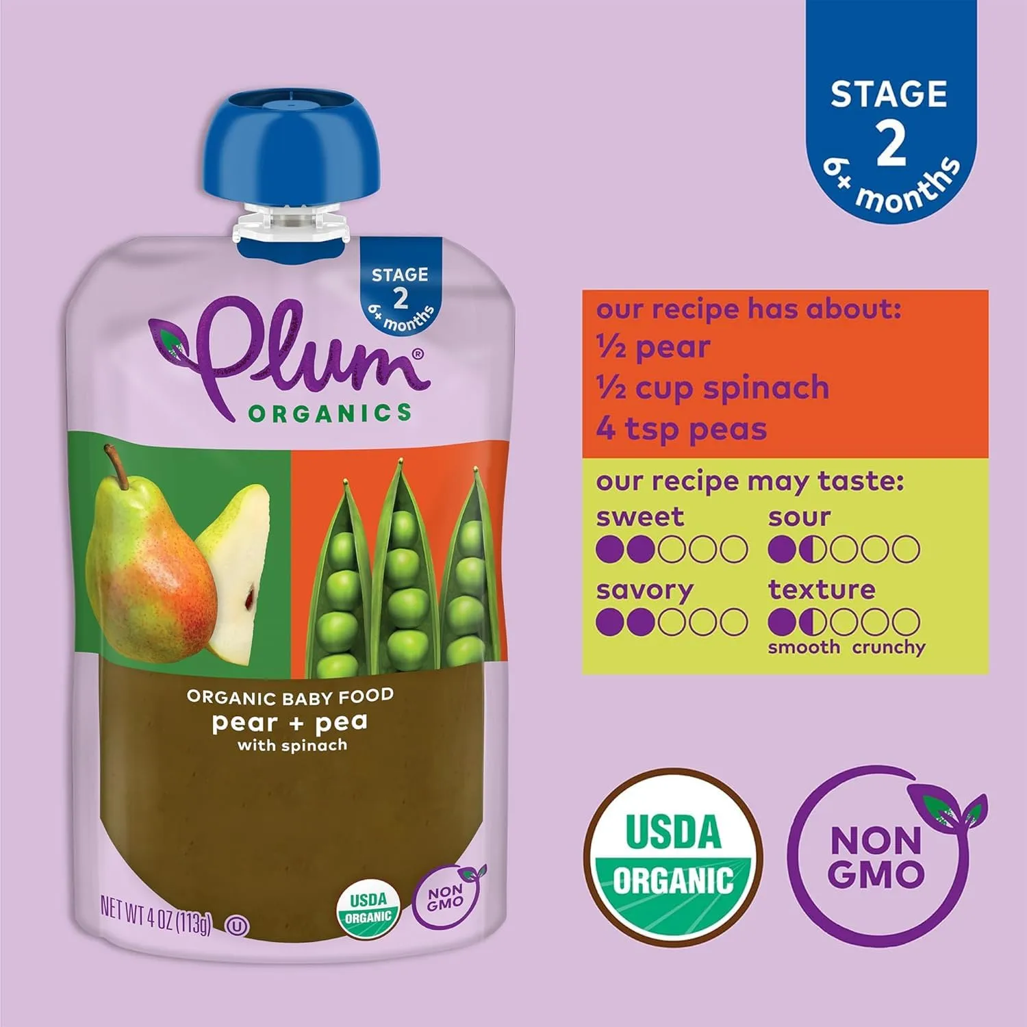 Plum Organics Stage 2 Organic Baby Food - Pear + Pea with Spinach - 4 oz Pouch (Pack of 18) - Organic Fruit and Vegetable Baby Food Pouch