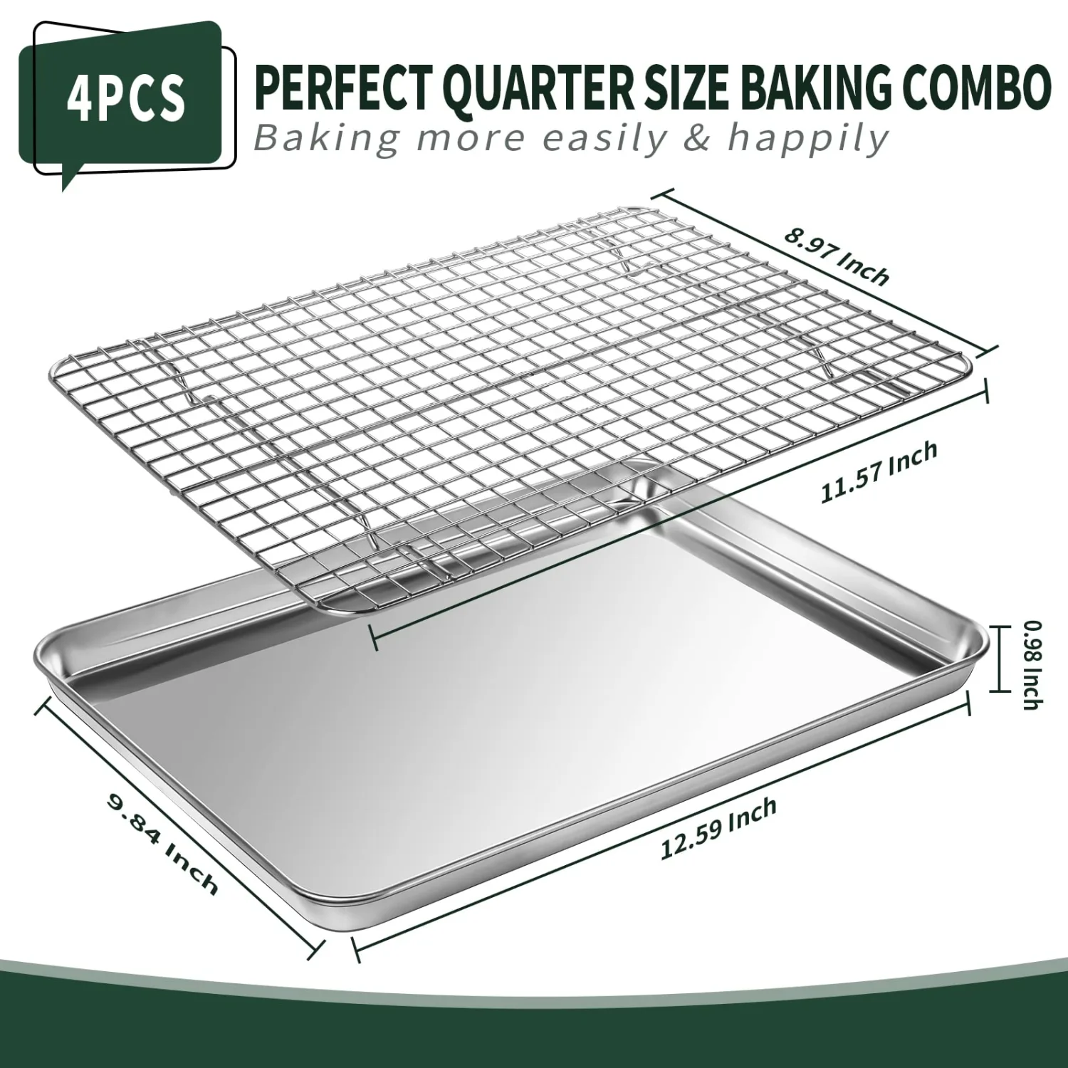 Quarter Sheet Pan with Cooling Rack Set [2 Baking Sheets + 2 Baking Racks], CEKEE Stainless Steel Cookie Sheets for Baking and Wire Rack - Rust & Warp Resistant & Nonstick, Size 12 x 9.8 x 1 Inch