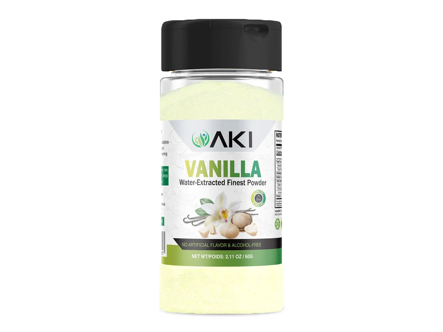 AKI Vanilla Water Extracted Powder From Authentic Beans for Flavoring, Cooking, Baking & Smoothies - Sugar Free & Alcohol Free - Added 2% Monk Fruit Sweetener - Non-GMO & Vegan (2.11oz/60g)
