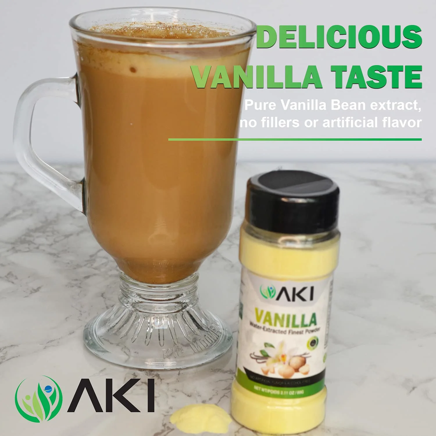 AKI Vanilla Water Extracted Powder From Authentic Beans for Flavoring, Cooking, Baking & Smoothies - Sugar Free & Alcohol Free - Added 2% Monk Fruit Sweetener - Non-GMO & Vegan (2.11oz/60g)