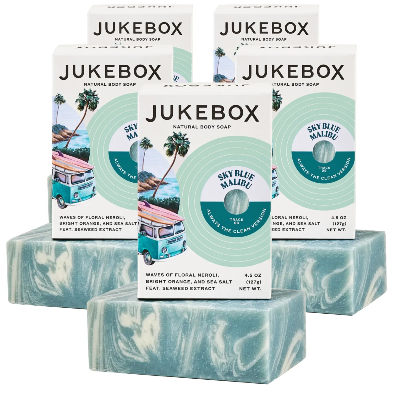 JUKEBOX Soap, Sky Blue Malibu, Natural Bar Soap for Women, Cold Process, Bath Soap with No Harmful Ingredients, Created for All Skin Types, Neroli, Orange, Sea Salt-a Dr. Squatch Brand-4.5oz, 5 Pack