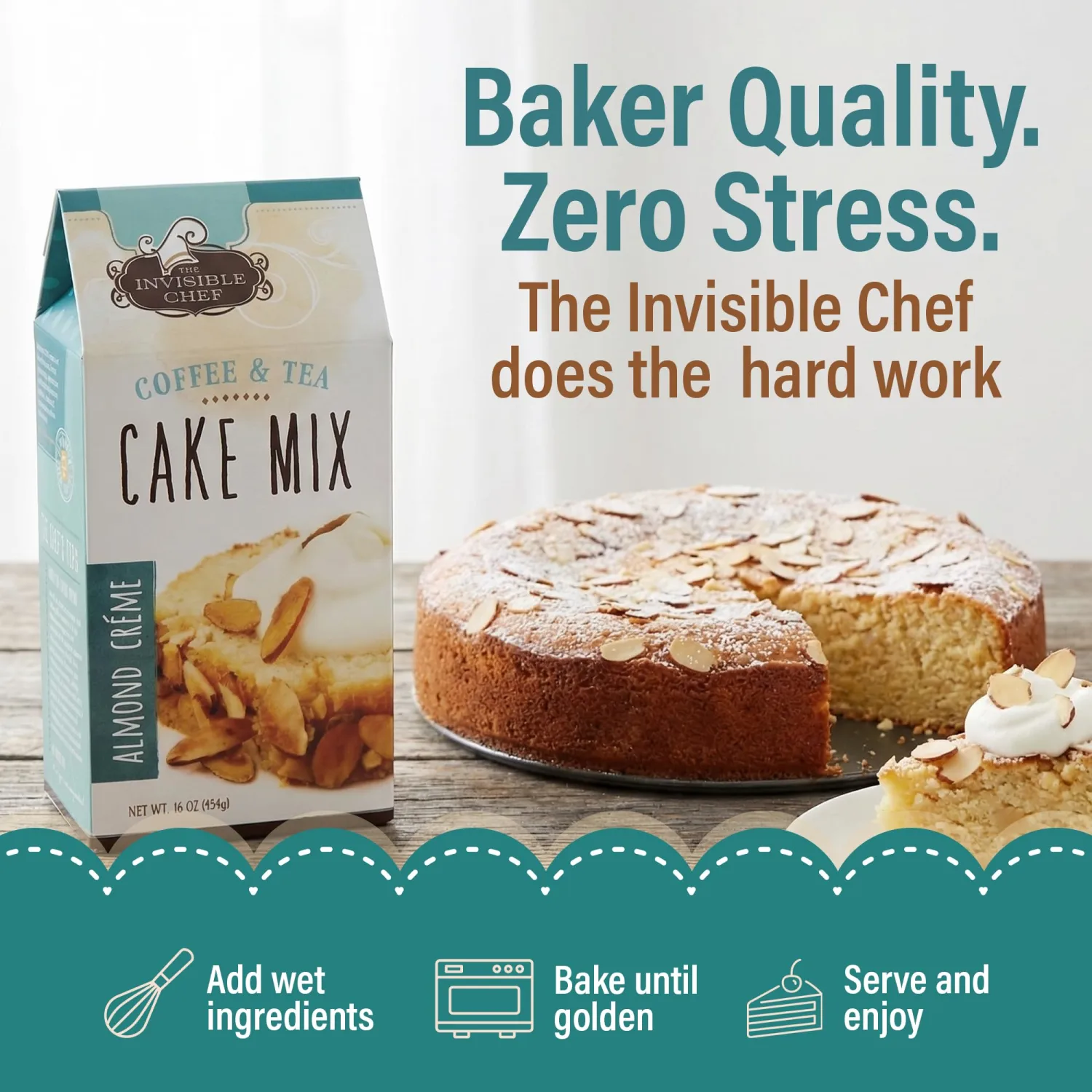 The Invisible Chef Almond Creme Coffee & Tea Cake Mix – Almond Coffee Cake Baking Mix for Cookies, Pound Cake, Muffins & Brownies, Cafe Style Dessert for Tea Time & Homemade Treats – 17 oz