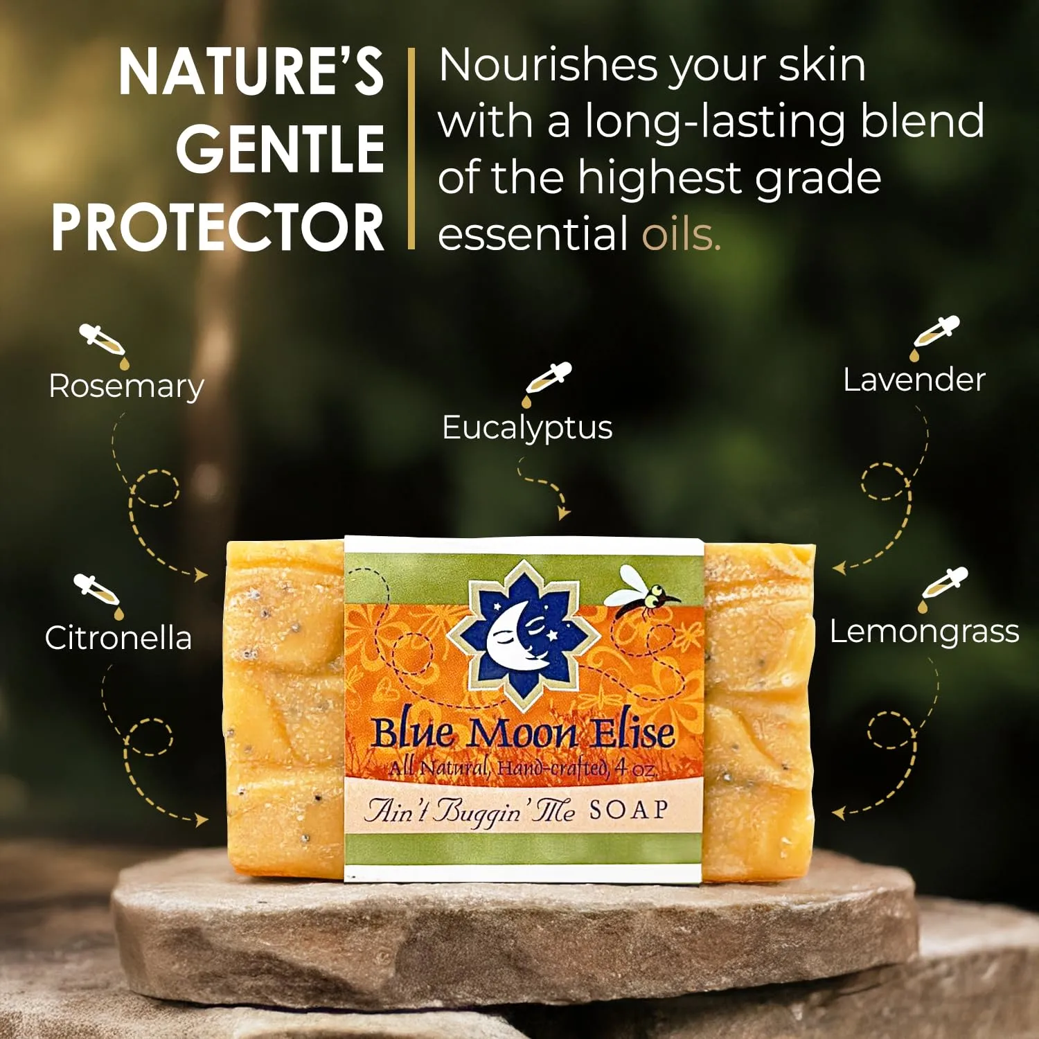 Blue Moon Elise Ain't Buggin Me Citronella Bar Soap for Men and Women, Natural Handmade Soap with Pure Citronella Essential Oils, Soap Bar for Camping and Outdoor Activities