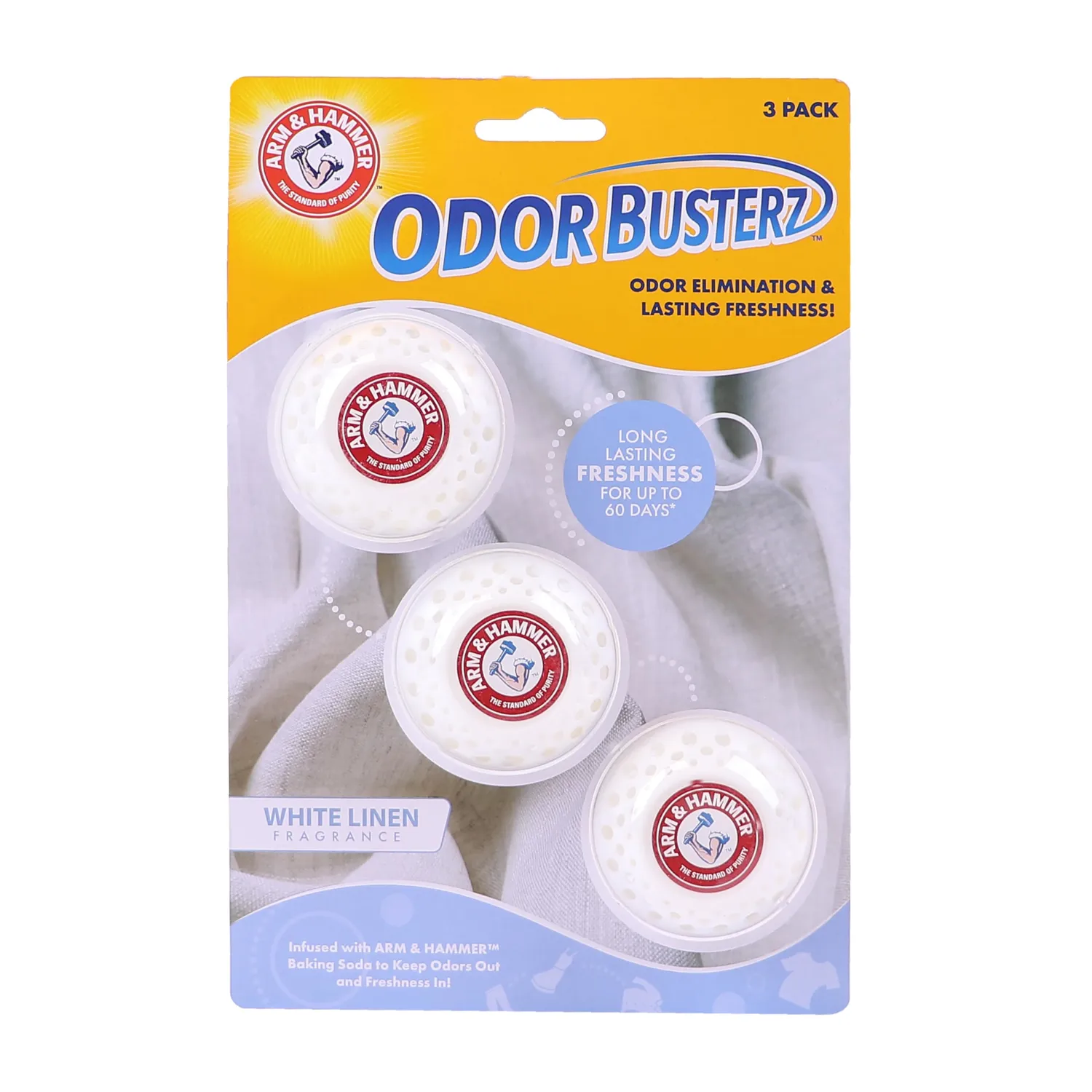 Arm & Hammer OdorBusterz® Odor Eliminator Balls, White Linen, 3 Count – Baking Soda Odor Control for Closets, Drawers, Hampers & Small Spaces