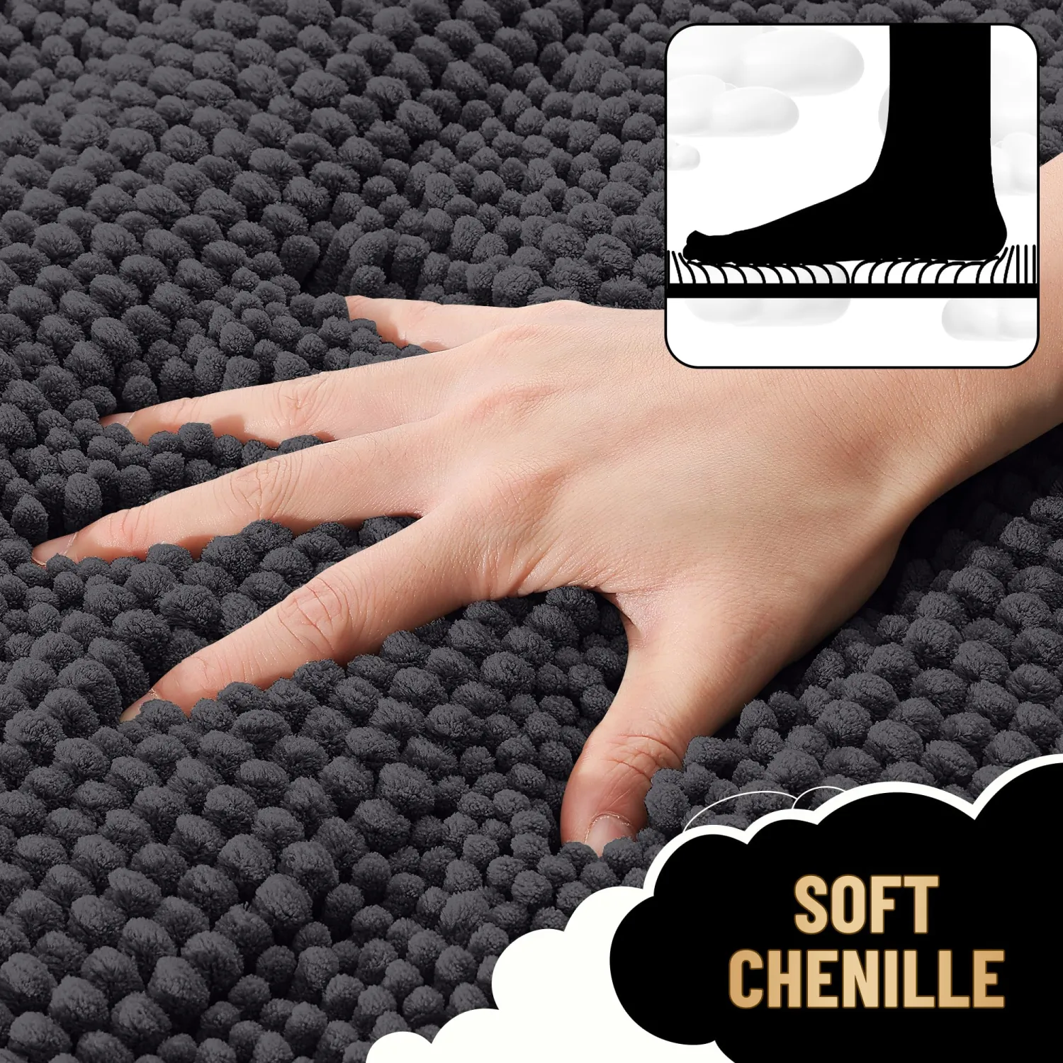 OLANLY Thick Bathroom Runner Rugs 47x17, Extra Absorbent Chenille Striped Bath Rugs, Rubber Backing, Machine Wash Dry, Long Bath Mats for Bathroom, Tub and Shower, Home Decor Accessories, Dark Grey