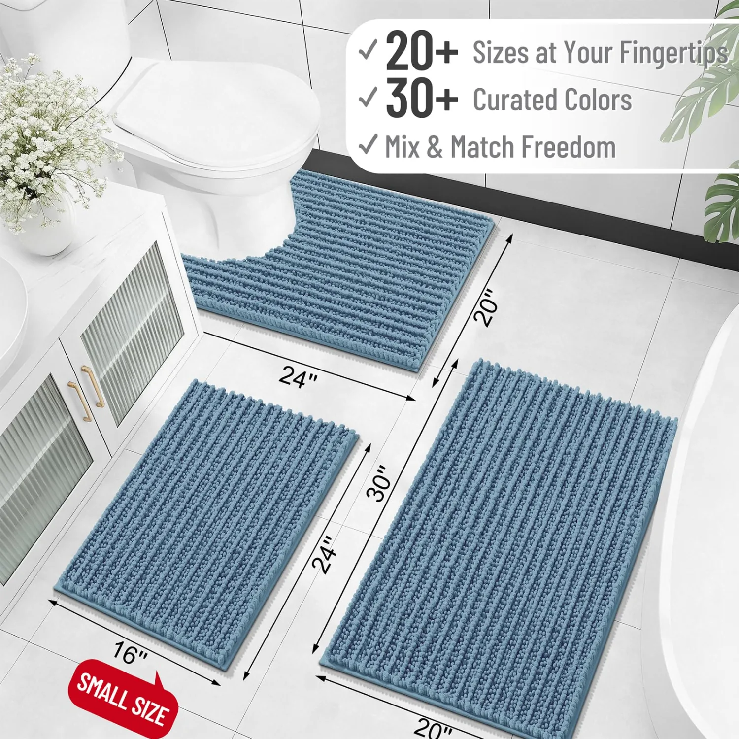 OLANLY Toilet Rugs U Shaped 24x20, Thick Soft and Absorbent Chenille Contour Bath Mat, Non-Slip Rubber Backing, Machine Washable Quick Dry Toilet Mat, Home Decor Accessories, Airy Blue