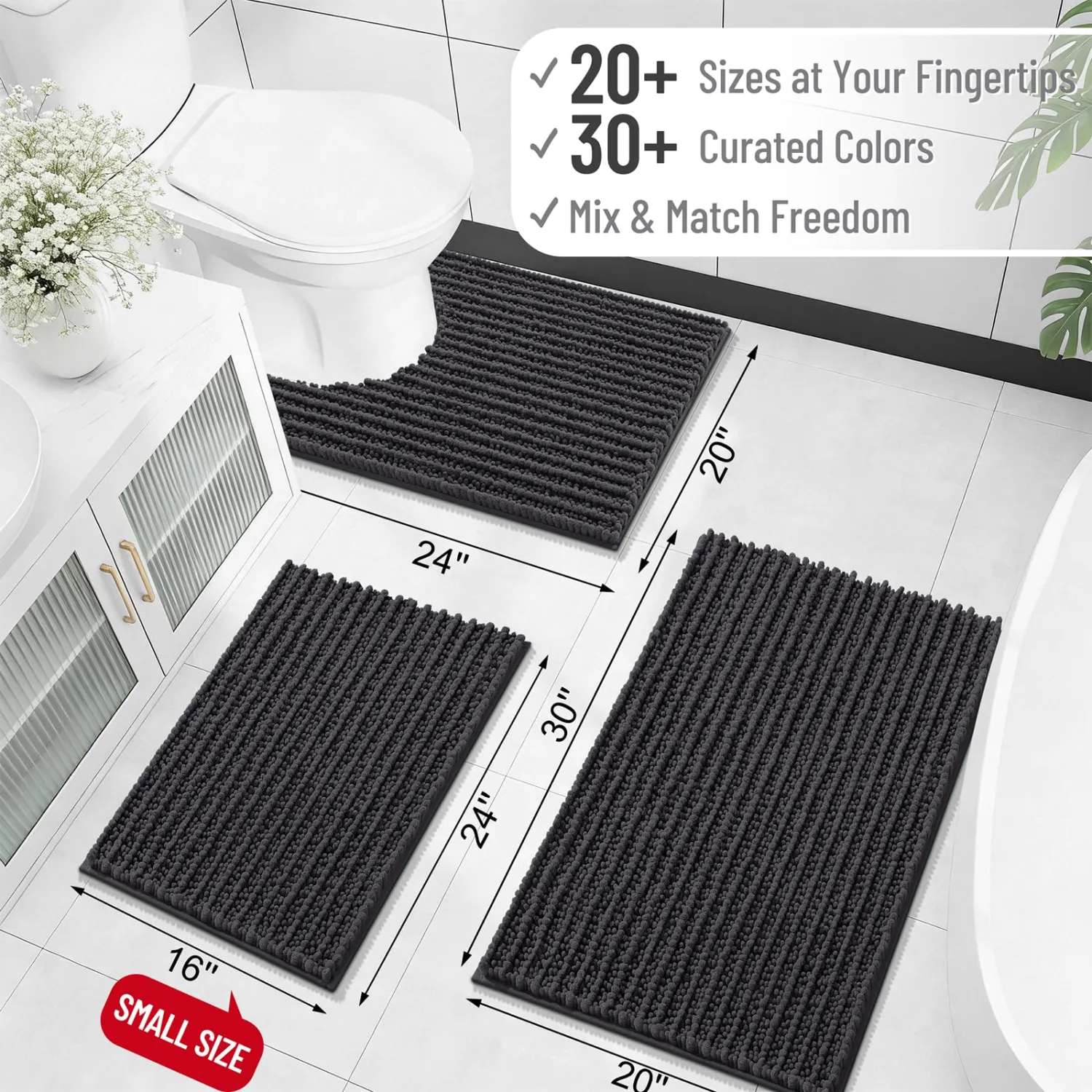 OLANLY Bathroom Rug Mat 24x16, Thick Soft and Absorbent Chenille Bath Mat, Non-Slip Rubber Backing, Machine Washable Quick Dry Bath Rugs for Tub Shower Floor, Home Decor Accessories, Dark Grey