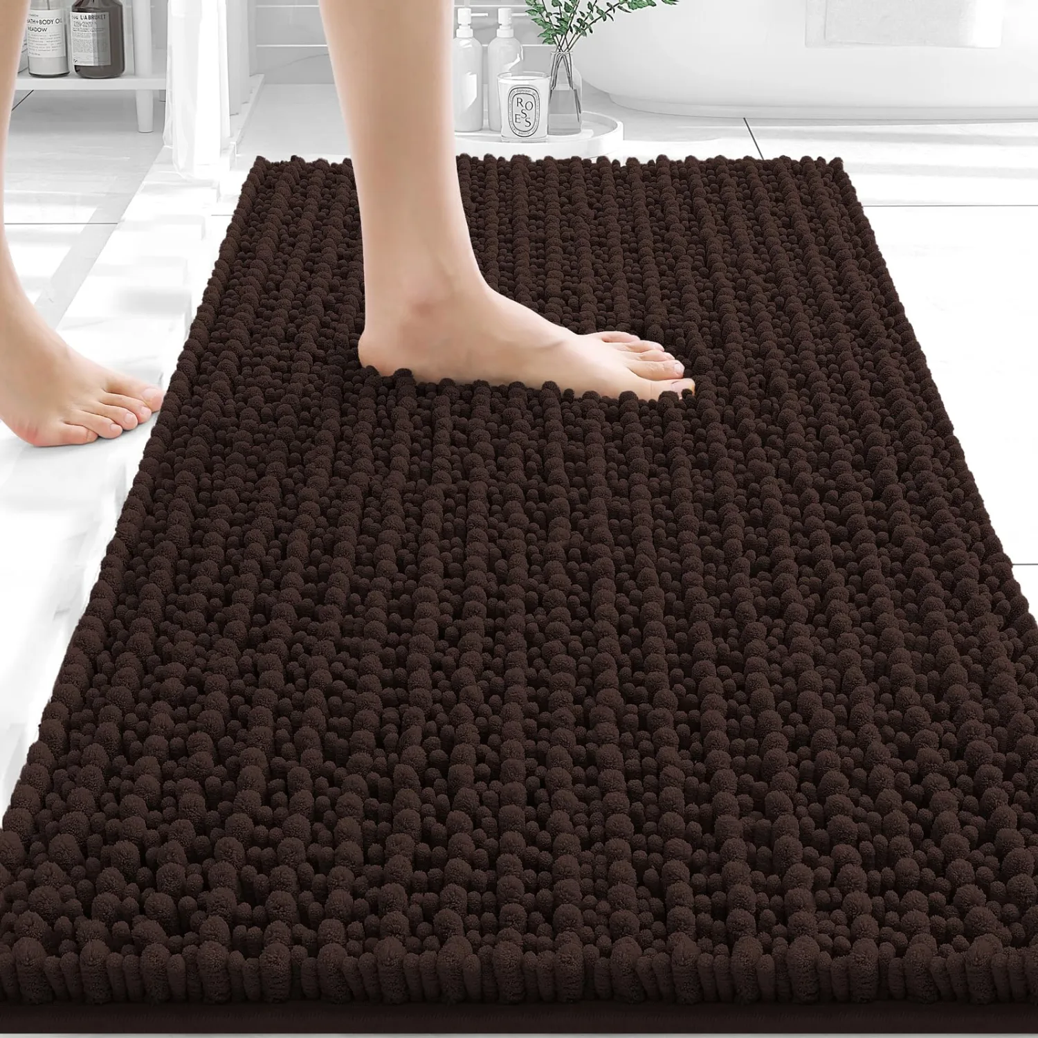 OLANLY Bathroom Rug Mat 34x21, Thick Soft and Absorbent Chenille Bath Mat, Non-Slip Rubber Backing, Machine Washable Quick Dry Bath Rugs for Tub Shower Floor, Home Decor Accessories, Brown