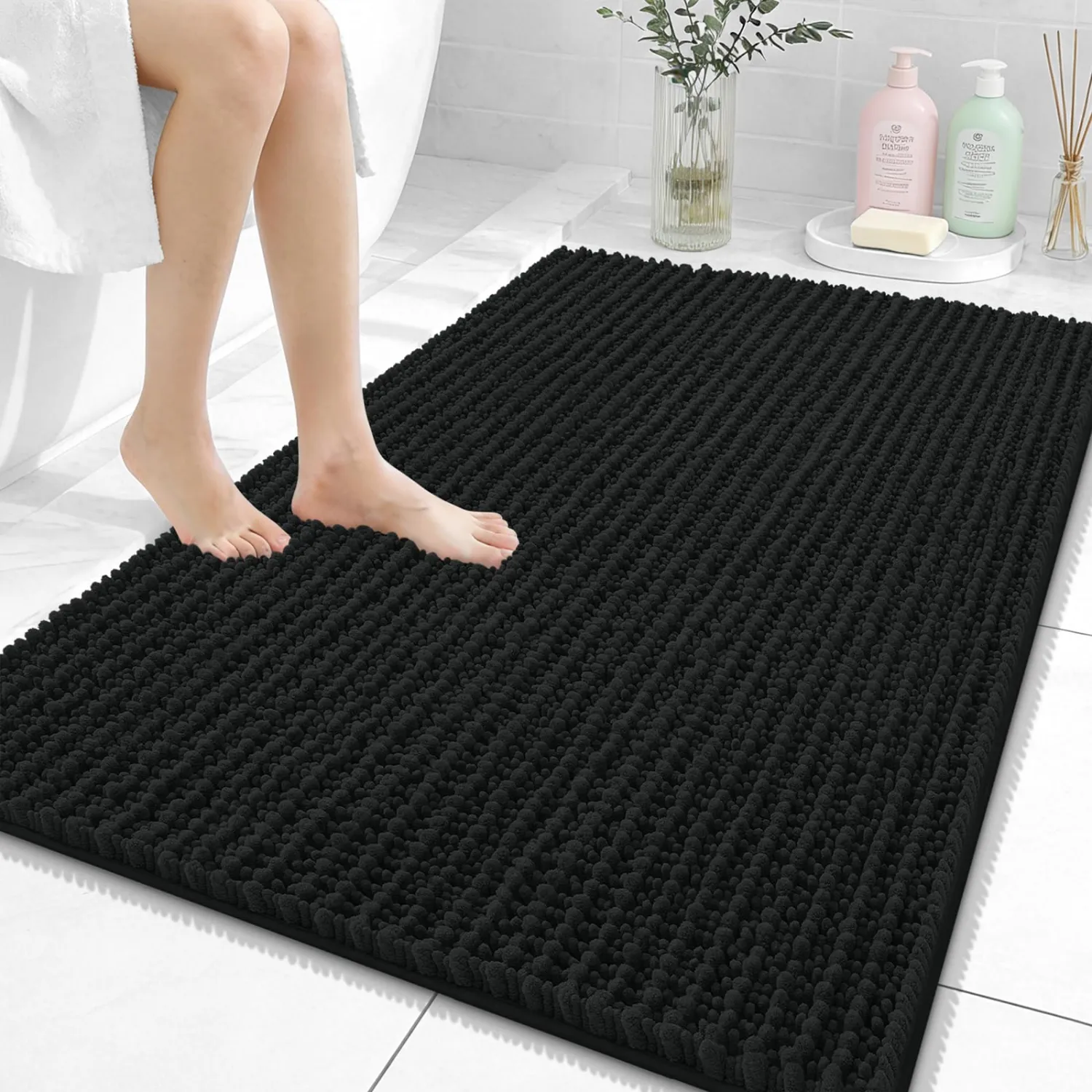 OLANLY Bathroom Rug Mat 40x32, Thick Soft and Absorbent Chenille Bath Mat, Non-Slip Rubber Backing, Machine Washable Quick Dry Bath Rugs for Tub Shower Floor, Home Decor Accessories, Black