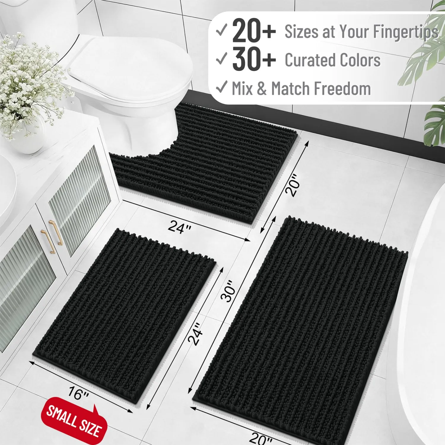 OLANLY Bathroom Rug Mat 40x32, Thick Soft and Absorbent Chenille Bath Mat, Non-Slip Rubber Backing, Machine Washable Quick Dry Bath Rugs for Tub Shower Floor, Home Decor Accessories, Black