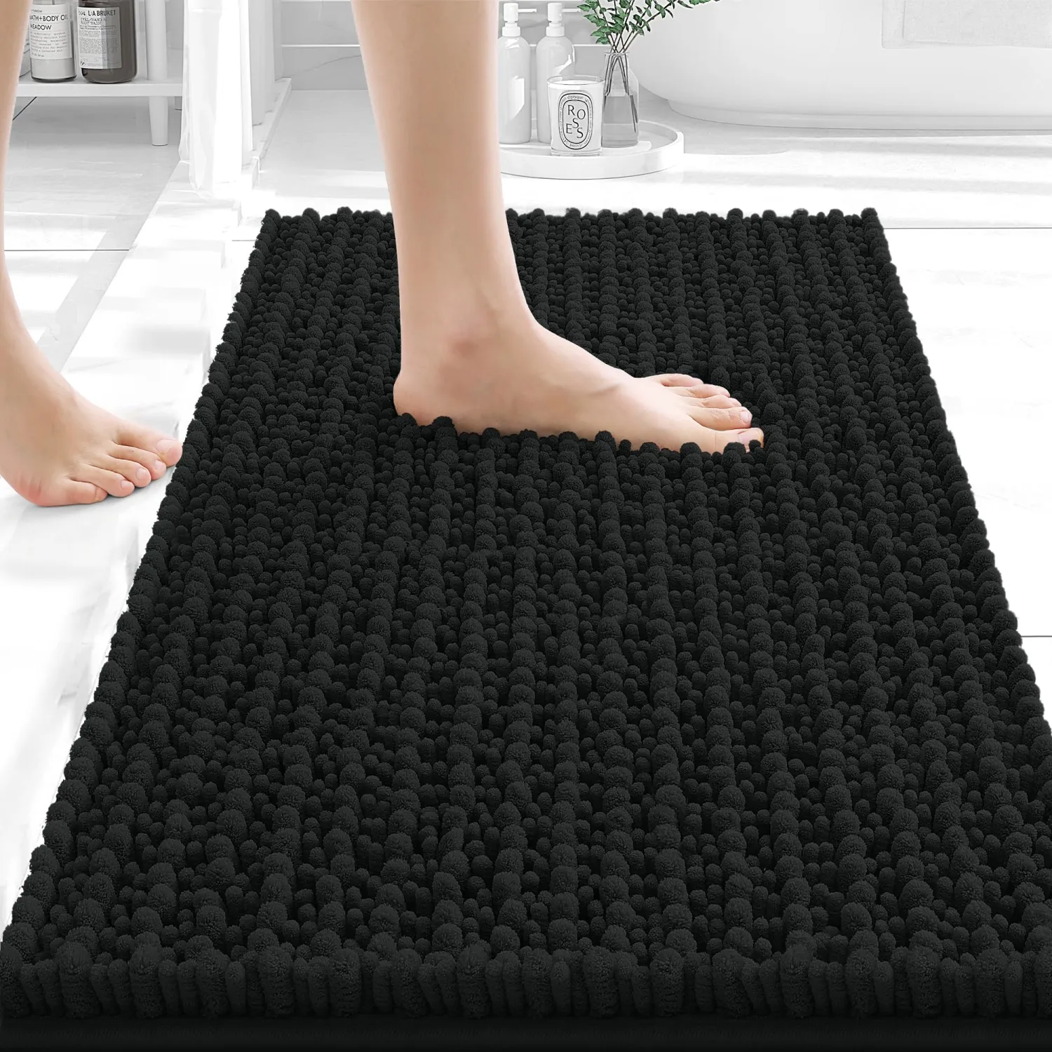 OLANLY Bathroom Rug Mat 24x16, Thick Soft and Absorbent Chenille Bath Mat, Non-Slip Rubber Backing, Machine Washable Quick Dry Bath Rugs for Tub Shower Floor, Home Decor Accessories, Black