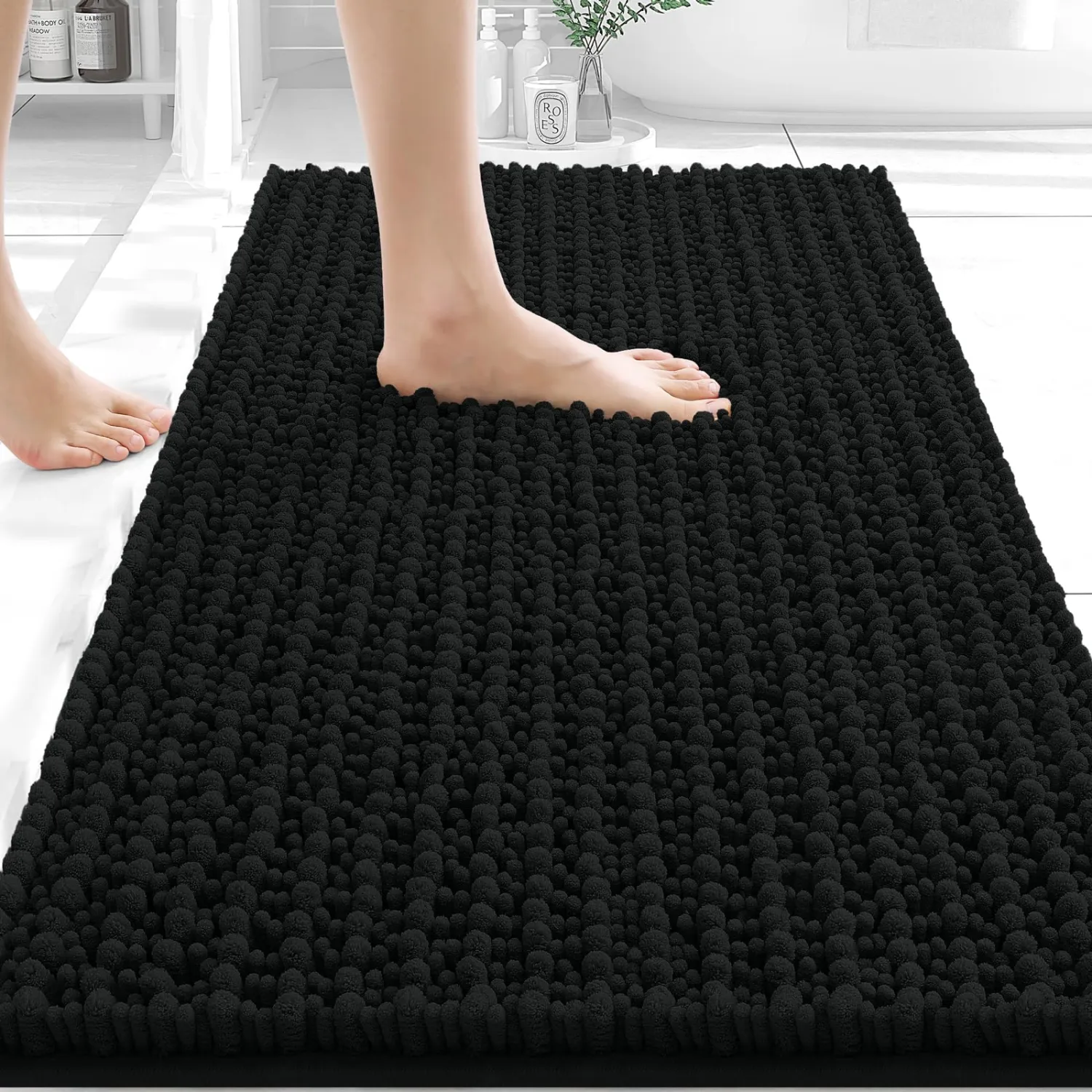 OLANLY Bathroom Rug Mat 30x20, Thick Soft and Absorbent Chenille Bath Mat, Non-Slip Rubber Backing, Machine Washable Quick Dry Bath Rugs for Tub Shower Floor, Home Decor Accessories, Black