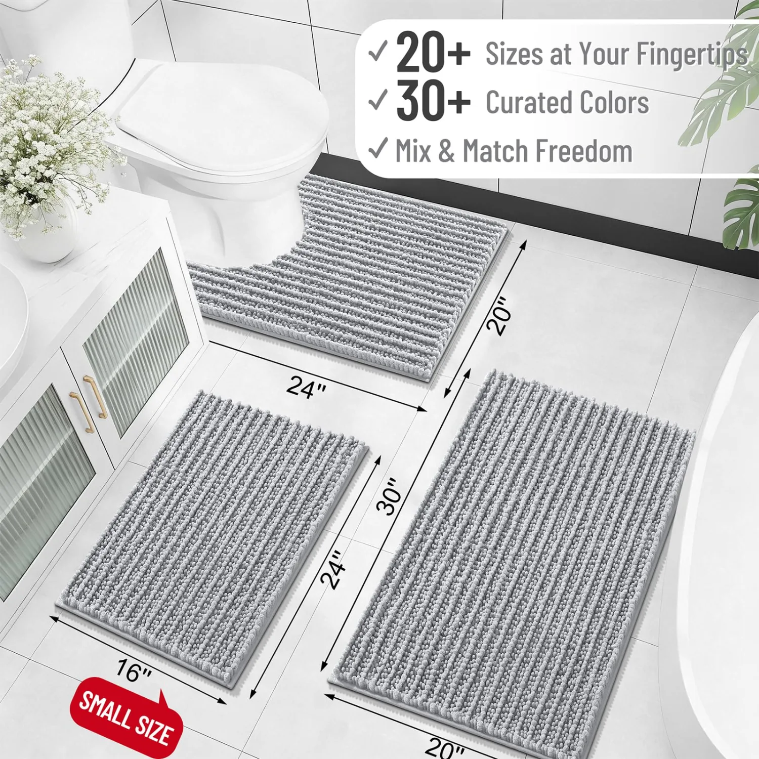 OLANLY Bathroom Rug Mat 34x21, Thick Soft and Absorbent Chenille Bath Mat, Non-Slip Rubber Backing, Machine Washable Quick Dry Bath Rugs for Tub Shower Floor, Home Decor Accessories, Light Grey