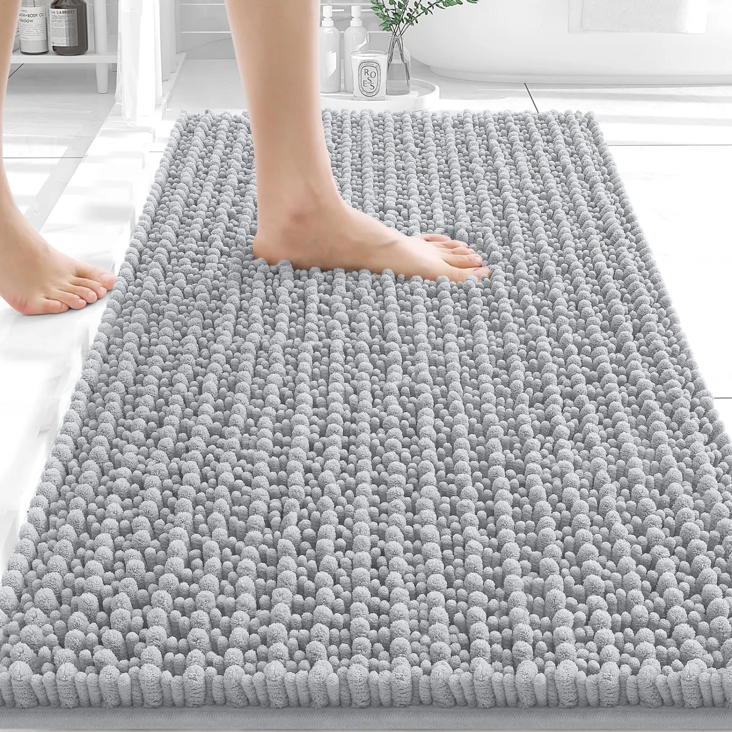OLANLY Bathroom Rug Mat 34x21, Thick Soft and Absorbent Chenille Bath Mat, Non-Slip Rubber Backing, Machine Washable Quick Dry Bath Rugs for Tub Shower Floor, Home Decor Accessories, Light Grey