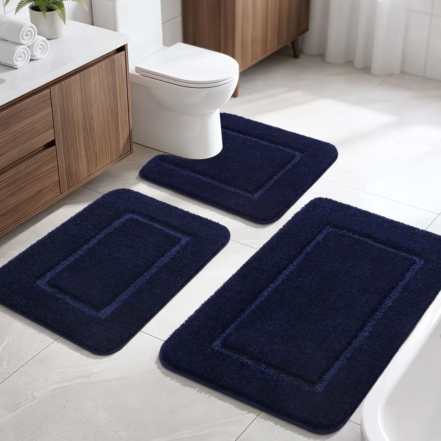 LOCHAS Bathroom Rug Set, Bath Rugs Sets 3 Piece Non Slip Backing, Washable Absorbent Microfiber Bath Mat Set, Soft Cozy Bathroom Mat for Shower Sink Toilet, Navy Blue