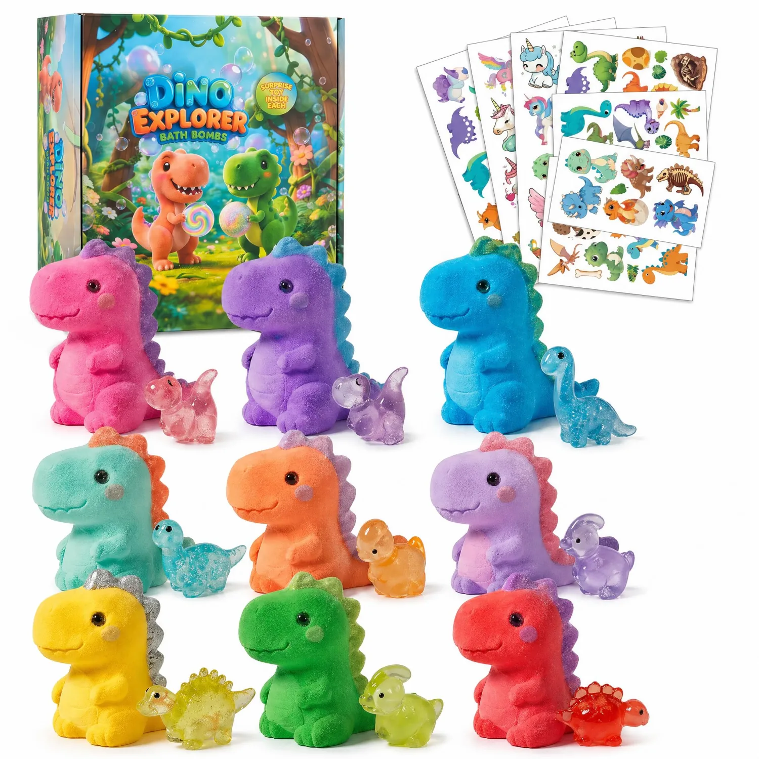 9 Pack Dinosaur Bath Bombs with Surprise Toys Inside for Kids - Natural & Gentle Fizzy with 9 Soothing Fruit Scents - Surprise Dino Bath Sets for Boys Girls, Birthday Gifts & Bedtime Relax