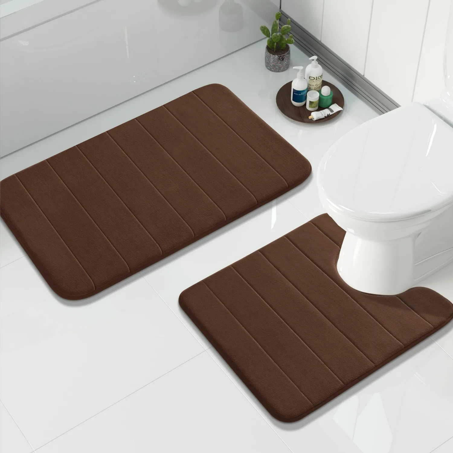 Yimobra Memory Foam Bath Mat Set 2 Piece - Super Soft Absorbent Quick Dry Bathroom Toilet Rugs, Machine Washable Non Slip Floor Carpet for Tub Shower & Single Sink (31.5x20 & 24x20, Brown)