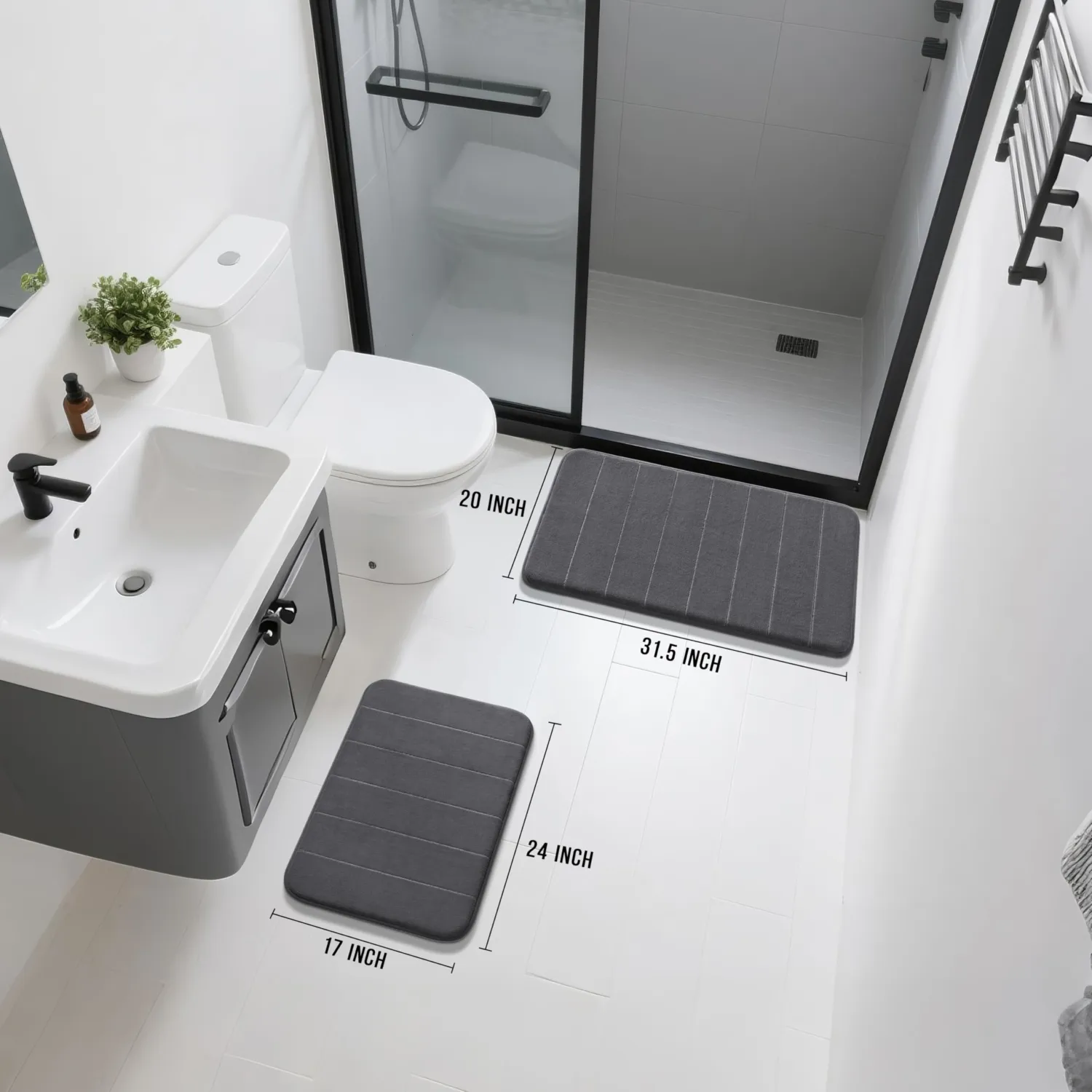 Yimobra Memory Foam Bathroom Rugs Sets 2 Piece - Super Soft Absorbent Quick Dry Bath Mat Set, Machine Washable Non Slip Floor Carpet for Tub Shower & Single Sink (17x24 & 31.5x20 Inch, Dark Gray)
