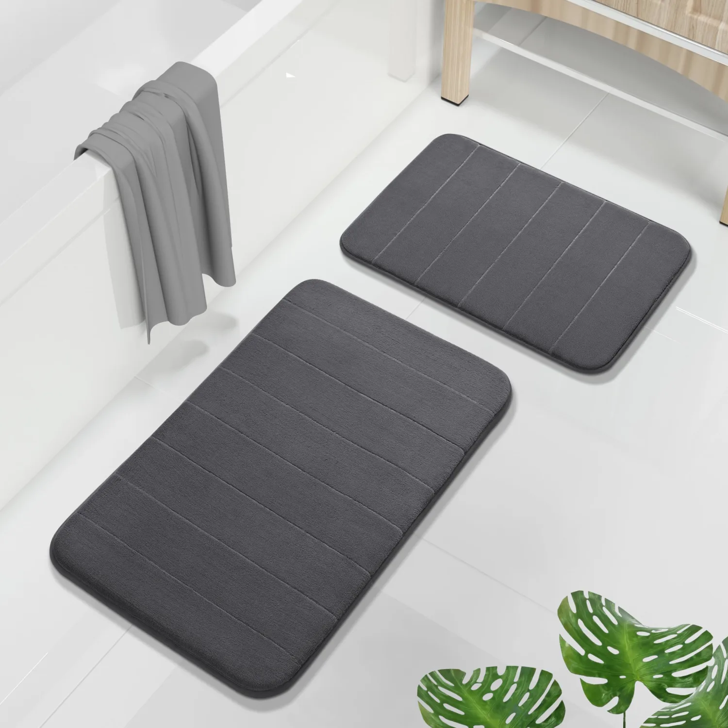 Yimobra Memory Foam Bathroom Rugs Sets 2 Piece - Super Soft Absorbent Quick Dry Bath Mat Set, Machine Washable Non Slip Floor Carpet for Tub Shower & Single Sink (17x24 & 31.5x20 Inch, Dark Gray)