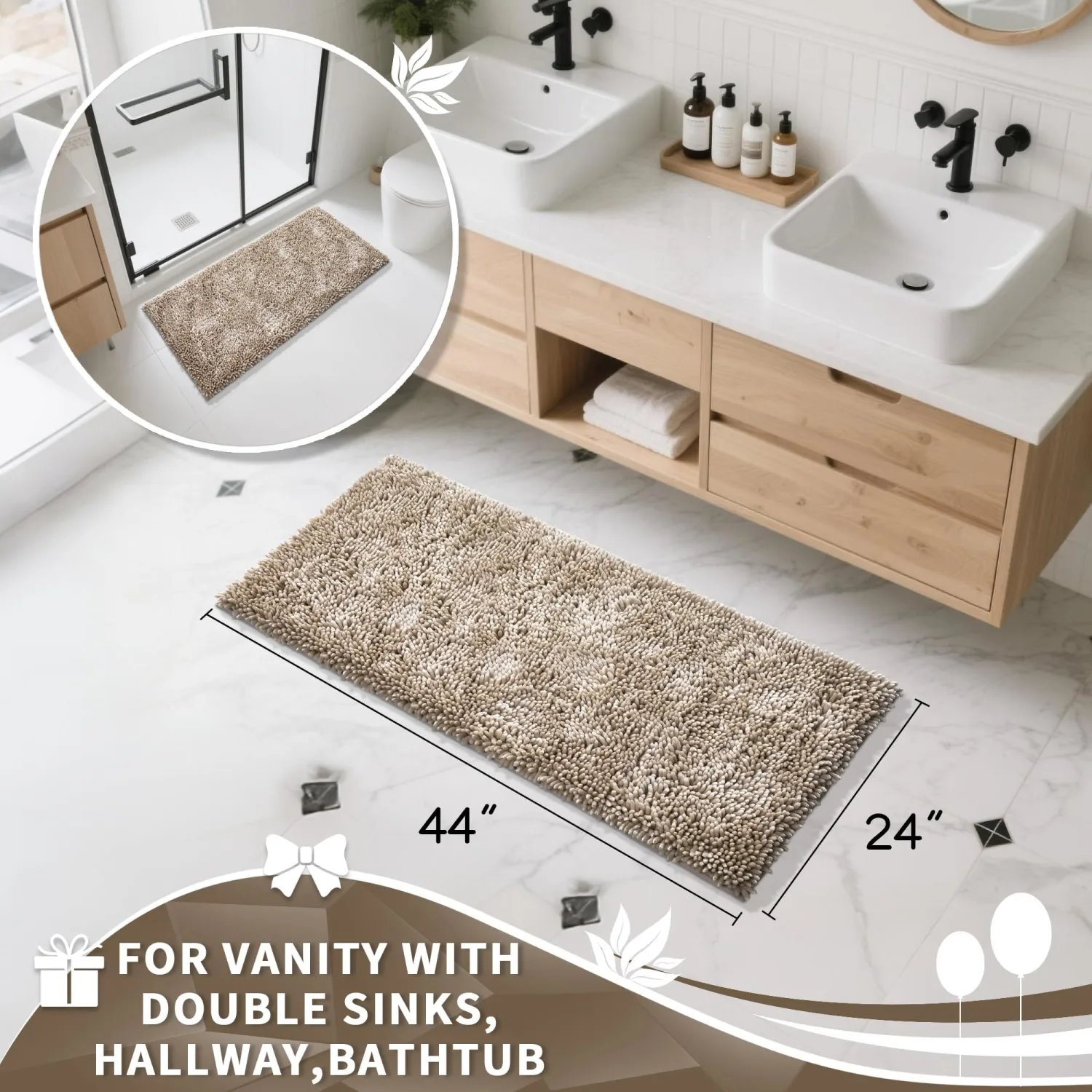 Yimobra Long Bathroom Rug Non Slip 44x24 Inch, Extra Thick Soft Absorbent Chenille Bath Mat, Machine Washable Quick Dry Bath Rugs for Bathroom Floor, Tub and Shower, Home Decor Accessories, Camel