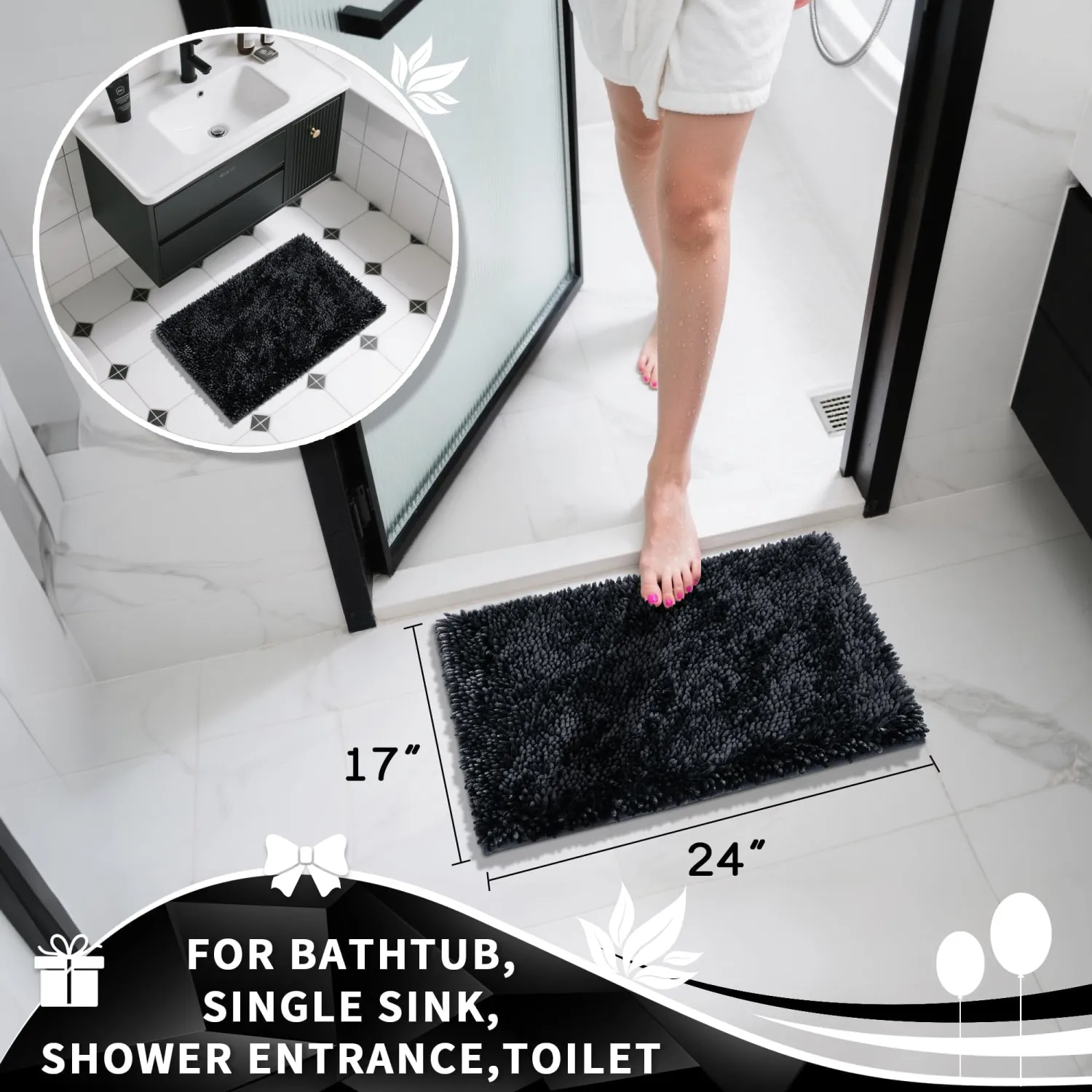 Yimobra Chenille Bathroom Rugs Non Slip, Extra Thick Soft Absorbent Bath Rug, Machine Washable Quick Dry Bath Mat for Bathroom Floor, Tub and Shower, Home Decor Accessories, 24x17, Black
