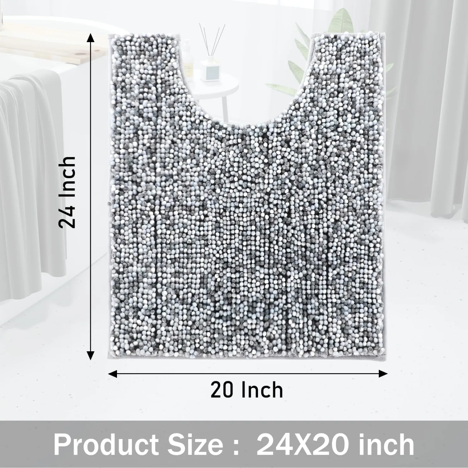 Yimobra Luxury Chenille U-Shaped Toilet Rug, Super Soft Shaggy Contour Bath Mat for Bathroom Floor, Fluffy, Water Absorbent, Non Slip, Machine Washable, Dry Quickly, 24''x 20'', Light Grey & Dark Grey