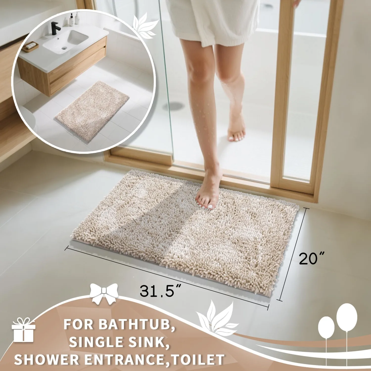 Yimobra Chenille Bathroom Rugs Non Slip, Extra Thick Soft Absorbent Bath Rug 31.5x20 Inch, Machine Washable Quick Dry Bath Mat for Bathroom Floor, Tub and Shower, Home Decor Accessories, Khaki