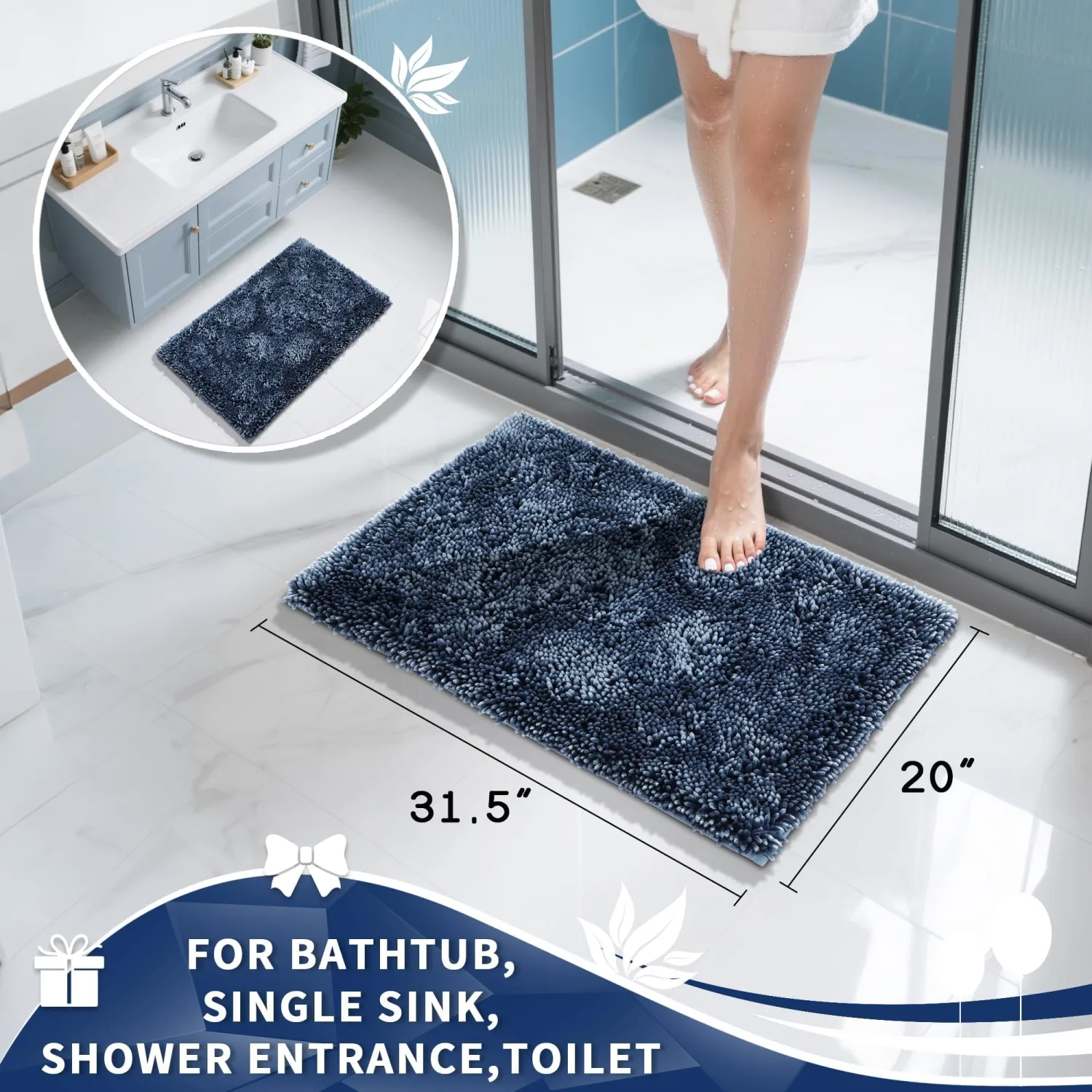 Yimobra Chenille Bathroom Rugs Non Slip, Extra Thick Soft Absorbent Bath Rug 31.5x20 Inch, Machine Washable Quick Dry Bath Mat for Bathroom Floor, Tub and Shower, Home Decor Accessories, Light Blue