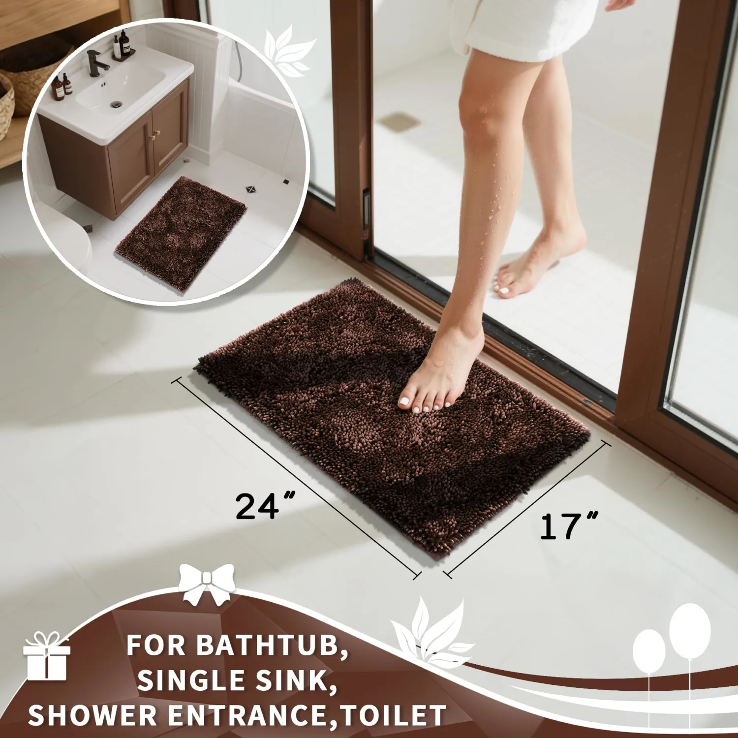 Yimobra Chenille Bathroom Rugs Non Slip, Extra Thick Soft Absorbent Bath Rug, Machine Washable Quick Dry Bath Mat for Bathroom Floor, Tub and Shower, Home Decor Accessories, 24x17, Brown