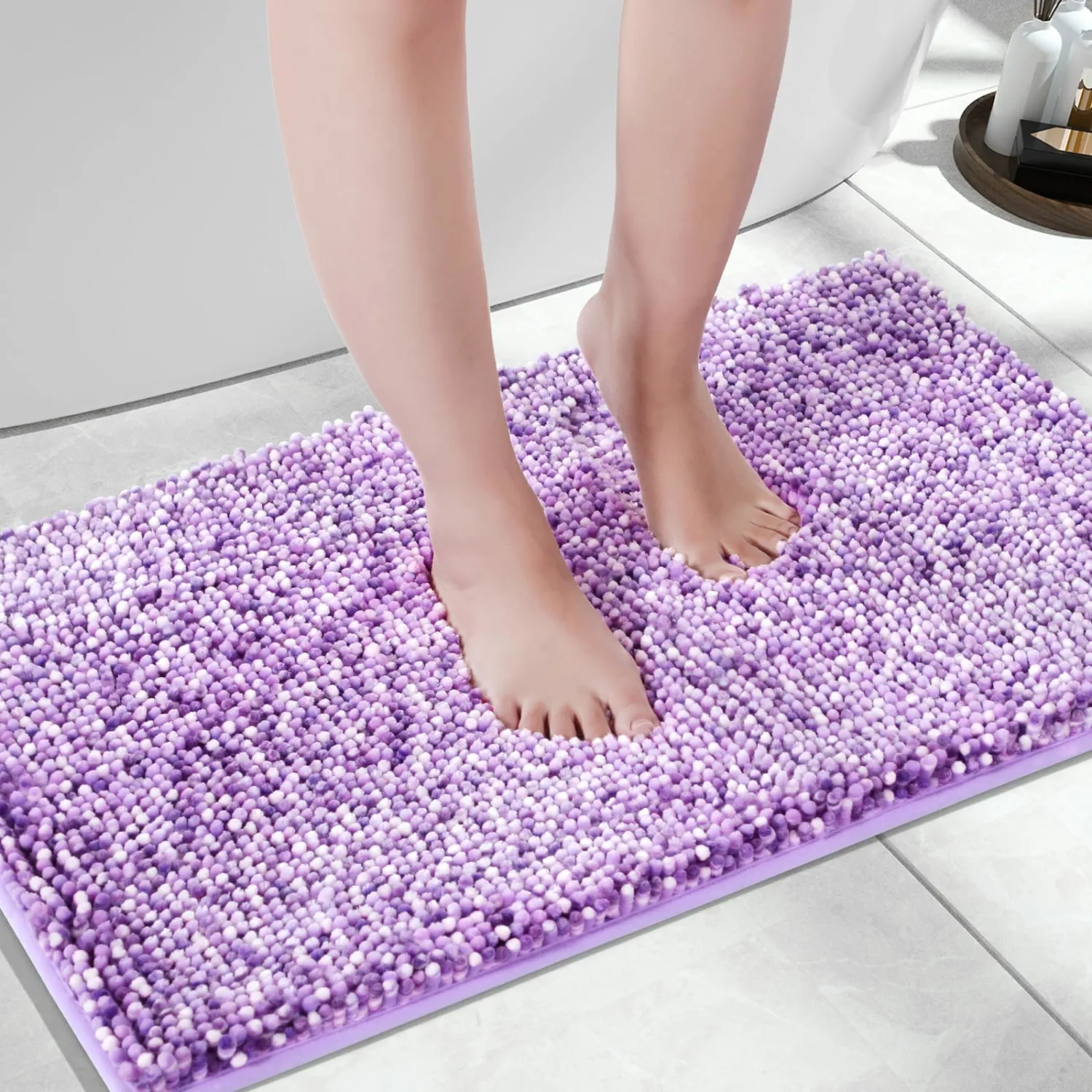 Yimobra Chenille Bathroom Rugs, 28x17.5, Extra Soft Bath Mats for Bathroom Non Slip, Fluffy Plush Luxury Shower Mat Outside, Water Absorbent, Machine Washable, Purple & Lavender