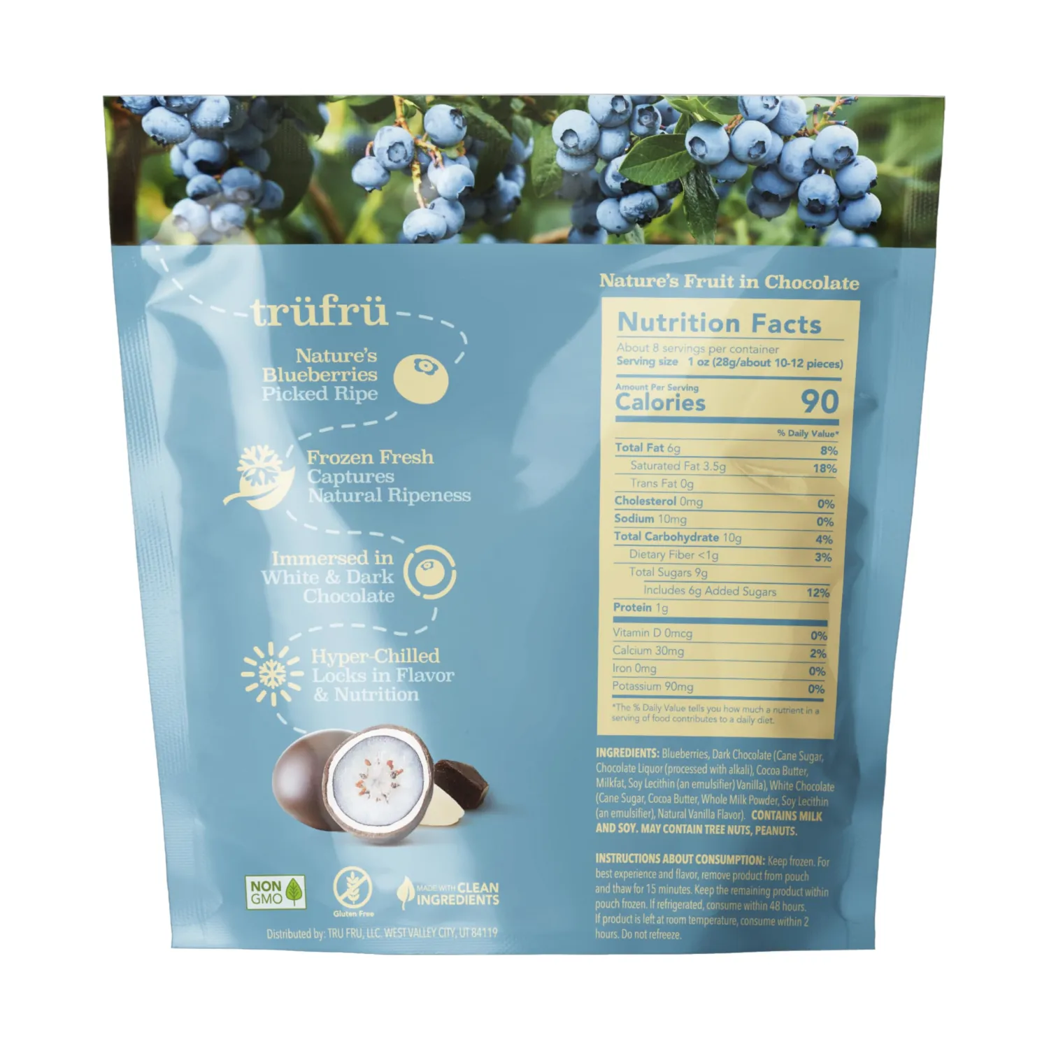Tru Fru, Frozen, Blueberries In White And Dark Chocolate, 8 Ounce