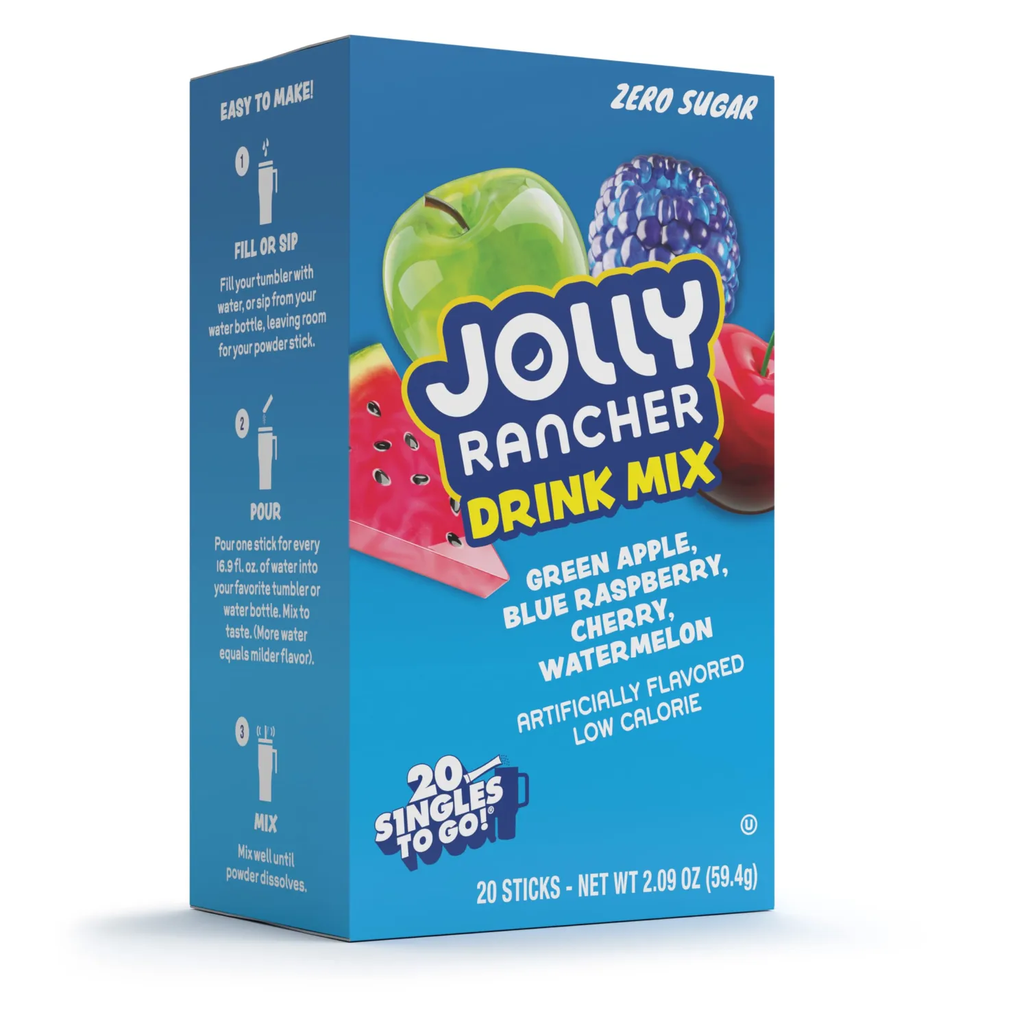 Jolly Rancher Singles To Go Variety Pack, Powdered Drink Mix, Drink Powder, Zero Sugar, Low Calorie, Includes 4 Flavors: Green Apple, Blue Raspberry, Cherry, Watermelon, 1 Box (20 Single Servings)