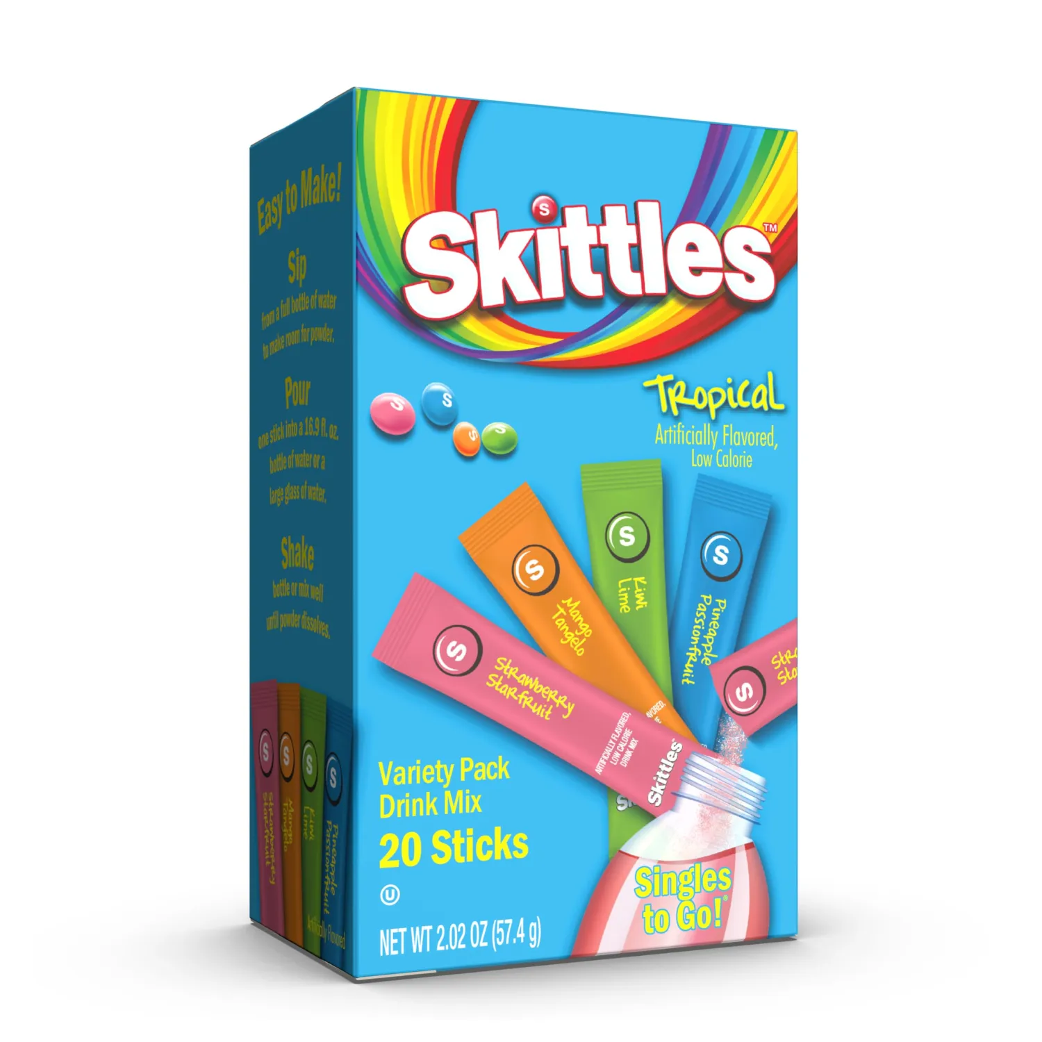 Skittles Singles To Go Variety Pack, Watertok Powdered Drink Mix, Zero Sugar, Low Calorie, Includes 4 Flavors, 1 Box (20 Single Servings) (Tropical)