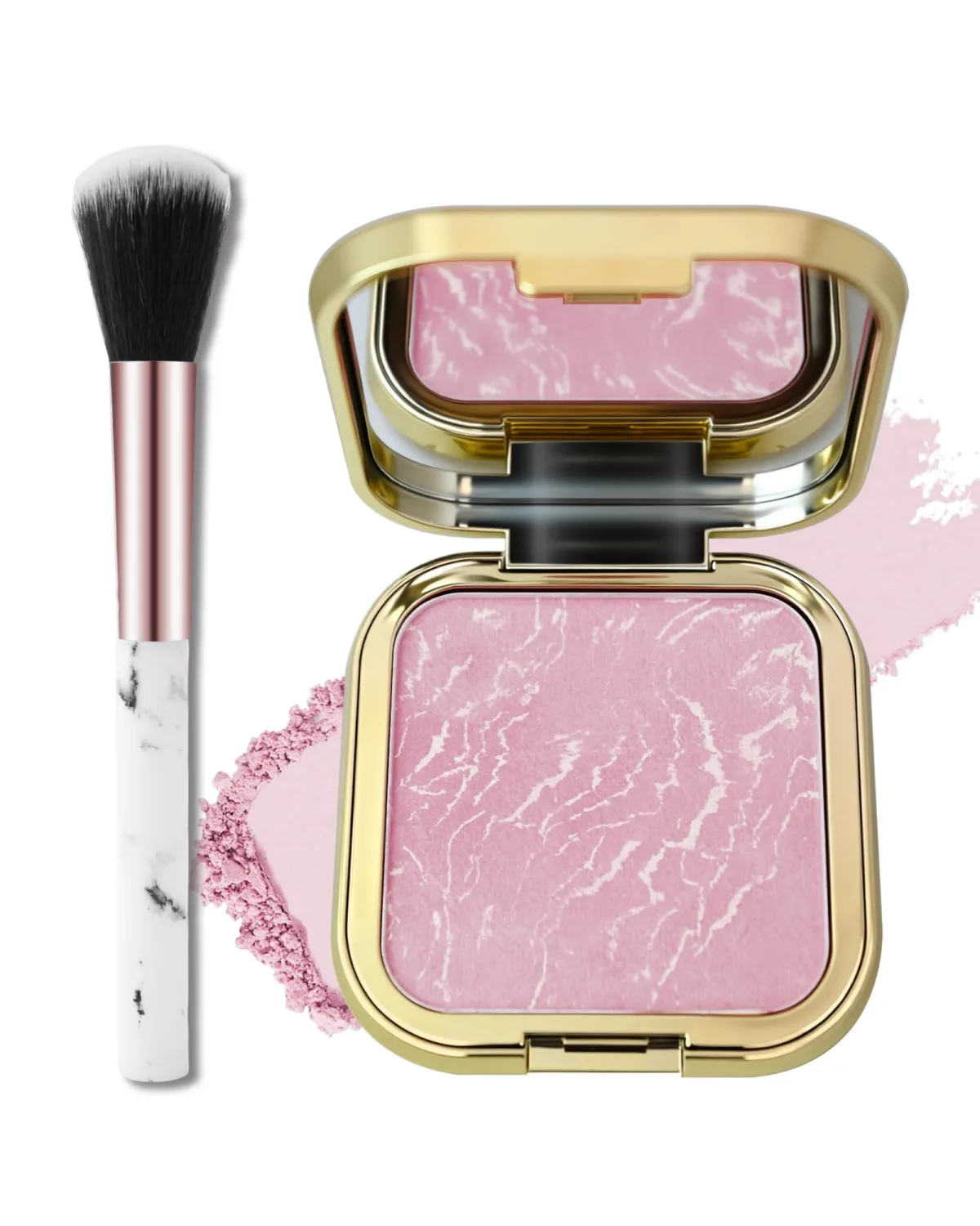 Baked Blush, Peach Pink Marbleized Blusher for Cheeks, Matte Smooth Face Blush Powder with Mirror & Brush,Lightweight Blendable Long-Lasting Mother's Day Facial Makeup Product Gift for Women Girl-02