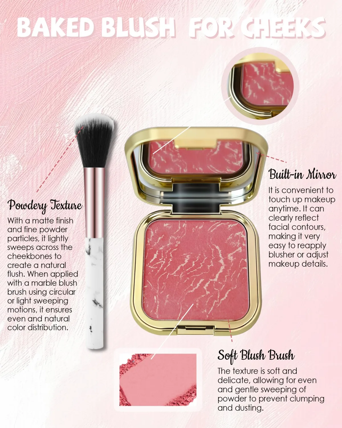 Baked Blush, Peach Pink Marbleized Blusher for Cheeks, Matte Smooth Face Blush Powder with Mirror & Brush,Lightweight Blendable Long-Lasting Mother's Day Facial Makeup Product Gift for Women Girl-02