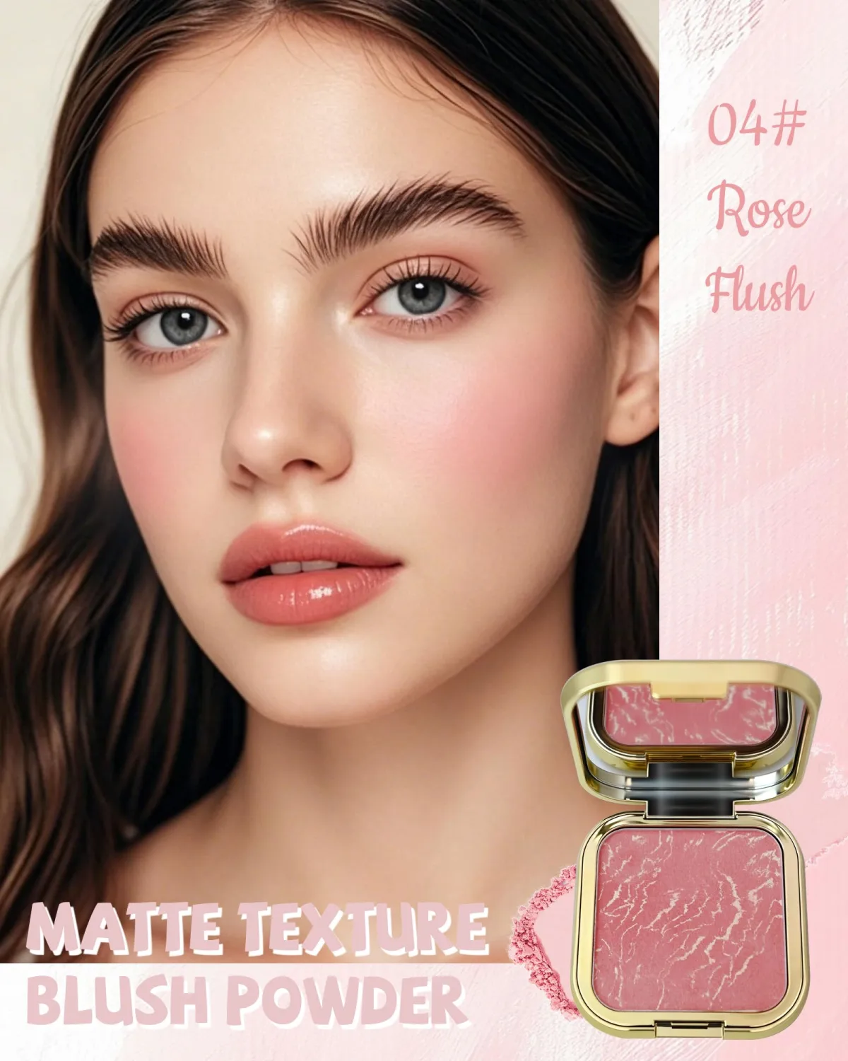 Baked Blush, Single Rose Pink Marbleized Blusher for Cheeks, Matte Silky Smooth Powder Blushes with Mirror & Brush,Lightweight Blendable Long-Lasting Mother's Day Face Makeup Product for Women Girl-04