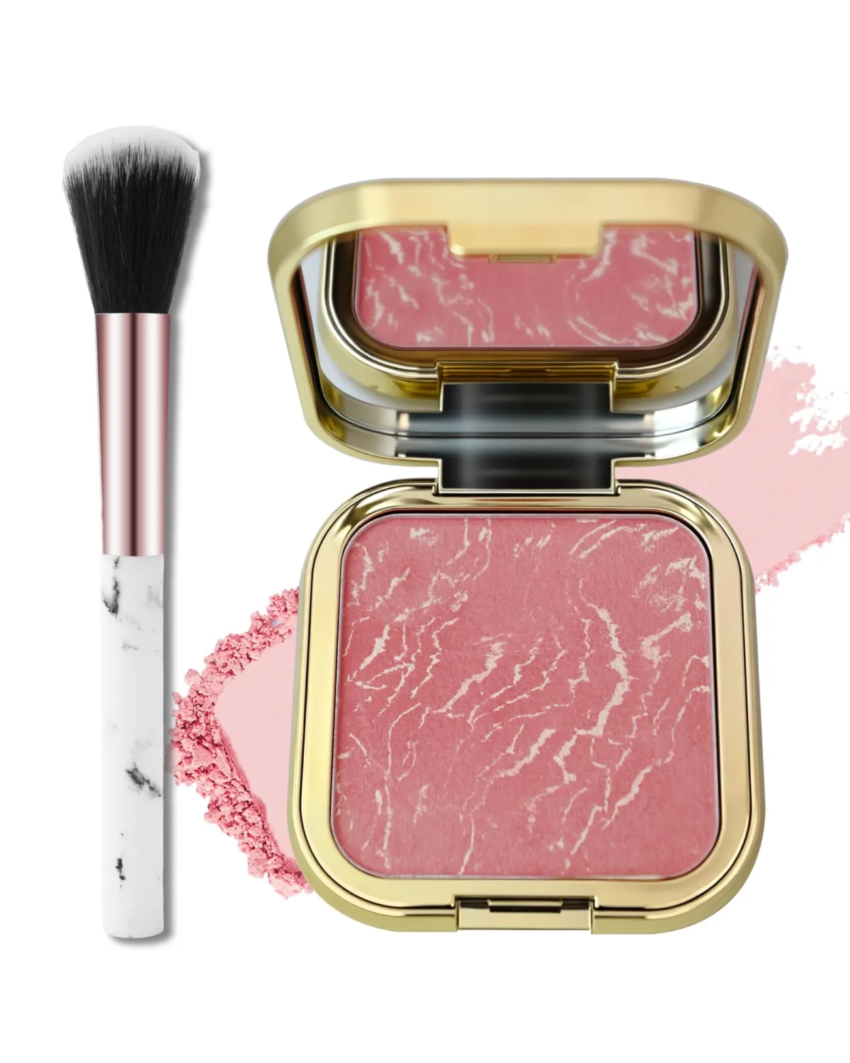 Baked Blush, Single Rose Pink Marbleized Blusher for Cheeks, Matte Silky Smooth Powder Blushes with Mirror & Brush,Lightweight Blendable Long-Lasting Mother's Day Face Makeup Product for Women Girl-04