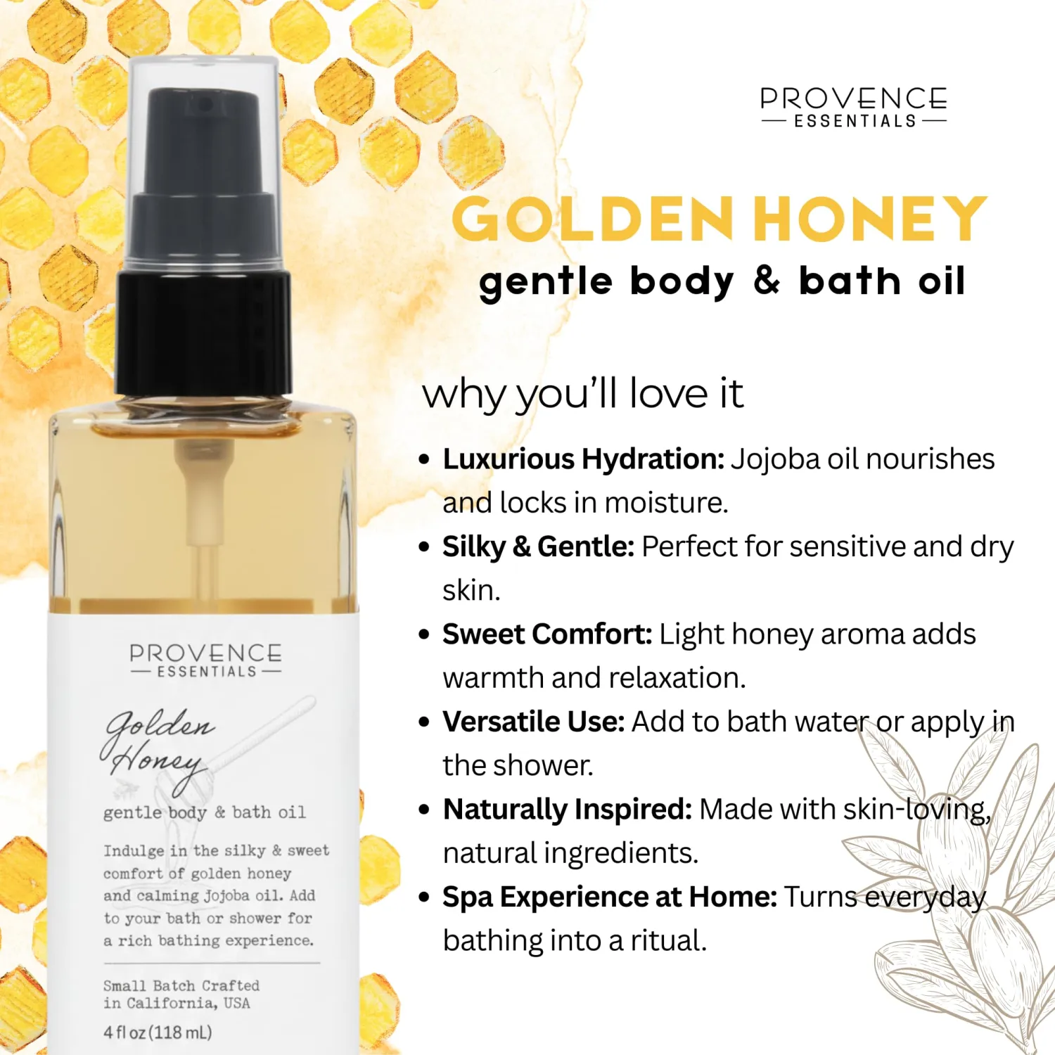Golden Honey Body and Bath Oil, 4 fl oz – Moisturizing Body Oil with Jojoba and Honey, Natural Skin Hydration