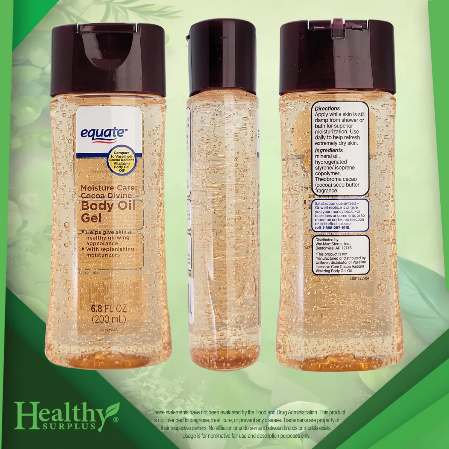 Equate Body Oil Gel - Cocoa Divine - 6.8 FL OZ (200 mL) and Vital Volumes Skin Care Basics Tips Card