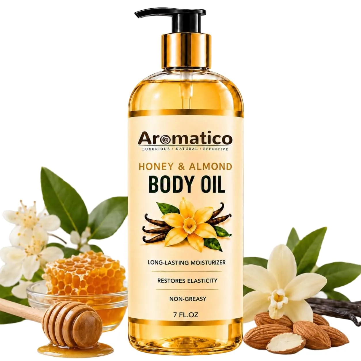 Aromatico Honey & Almond Body Oil for Women – 7 fl oz | Moisturizing After Shower Body Oil for Daily Use | Cozy & Creamy Fragrance