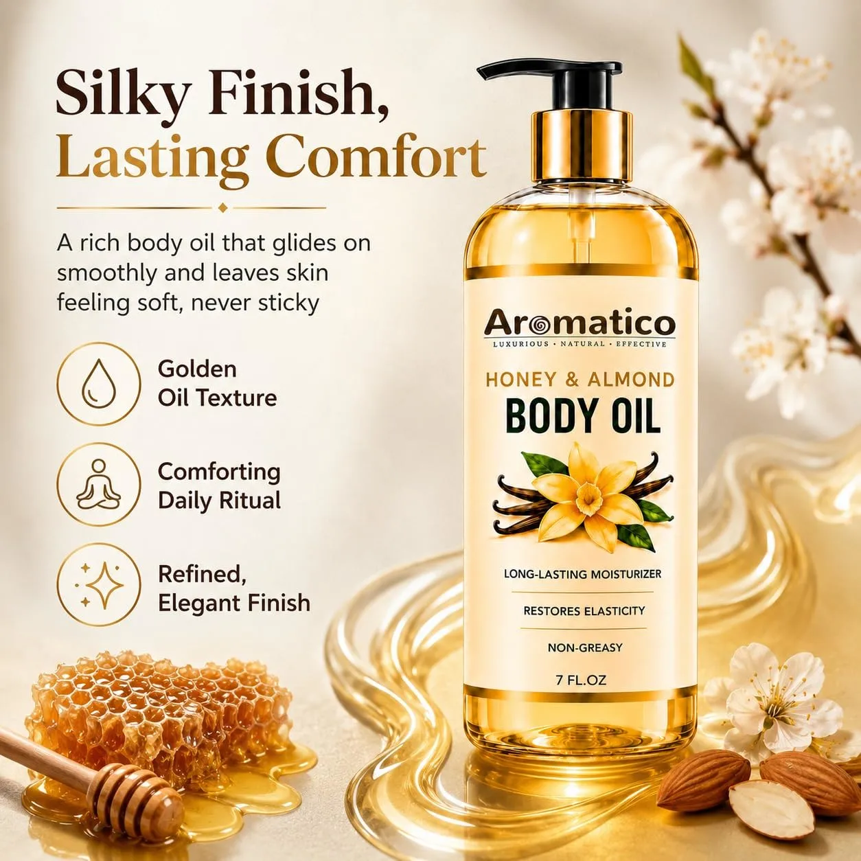 Aromatico Honey & Almond Body Oil for Women – 7 fl oz | Moisturizing After Shower Body Oil for Daily Use | Cozy & Creamy Fragrance