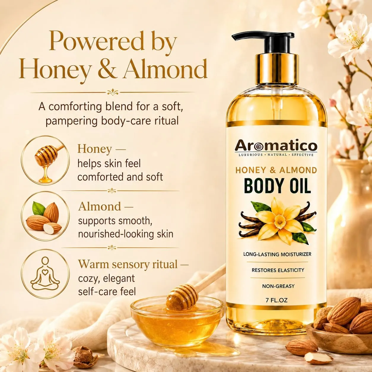 Aromatico Honey & Almond Body Oil for Women – 7 fl oz | Moisturizing After Shower Body Oil for Daily Use | Cozy & Creamy Fragrance
