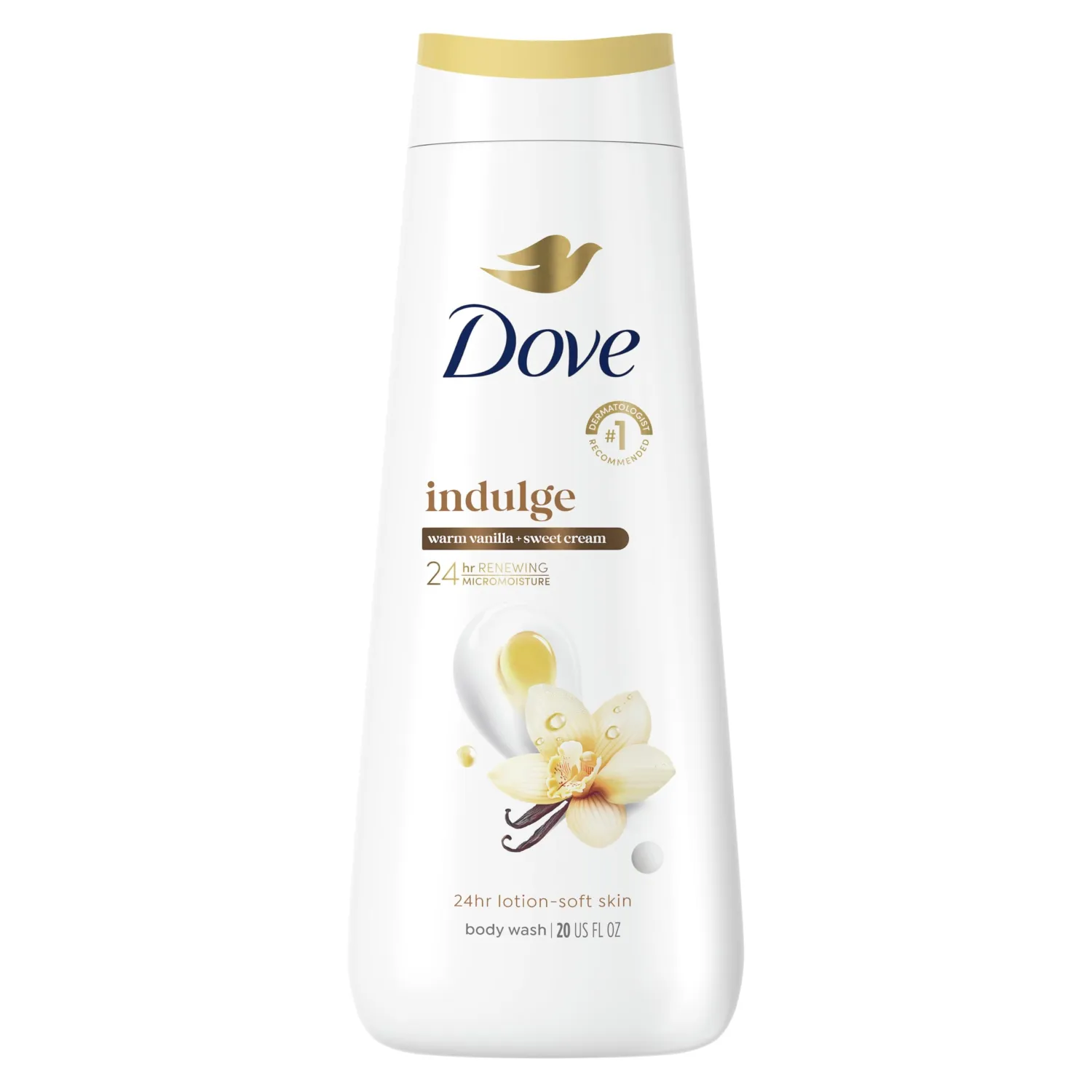 Dove 24hr Lotion Body Wash Indulge Warm Vanilla & Sweet Cream, 20 oz | Moisturizing body wash with MicroMoisture for silky-soft skin