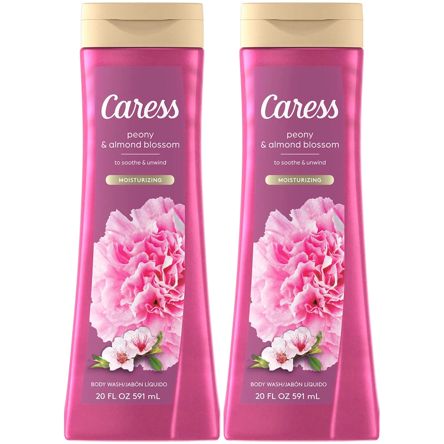 Caress Moisturizing Peony & Almond Blossom Body Wash for Fresh, Smooth Skin, Body Soap to Soothe & Unwind, 20 Fl Oz (Pack of 2)